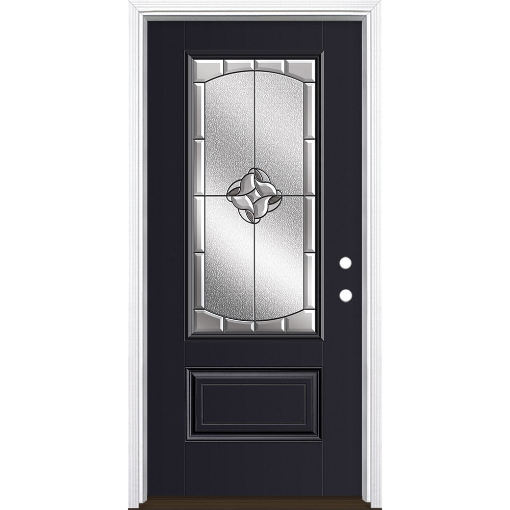 Masonite 3423039 Rozet 36-in x 80-in x 4-9/16-in Fiberglass 3/4 lite Left-hand inswing Peppercorn Painted Prehung Single door Front Door with Brickmould Insulating core Decorative glass