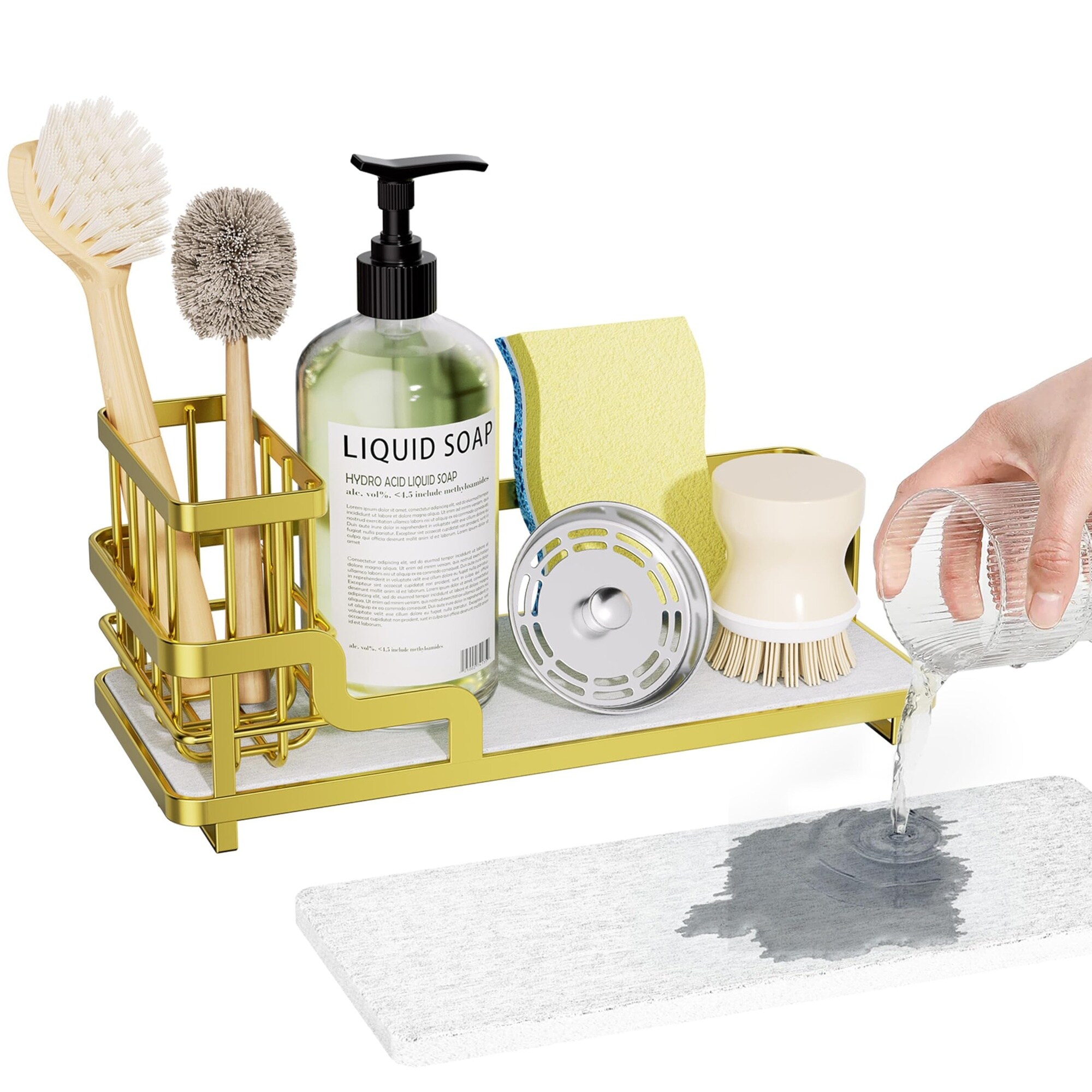 DHMHD  Sponge Holder for Kitchen Sink Sink Caddy Organizer with Water Absorbing Stone Tray Detachable Brush Holder Stainless Steel Kitchen