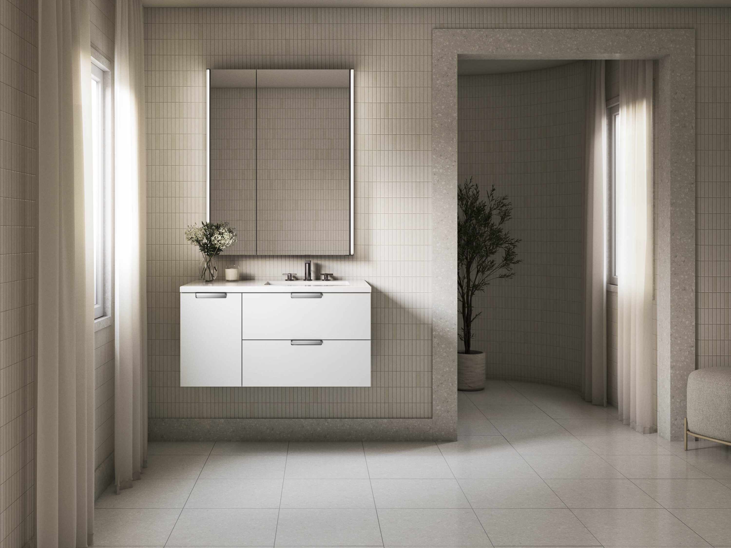 KOHLER 34655-0 Maxstow 36-in White Undermount Single Sink Floating Bathroom Vanity with White Quartz Top