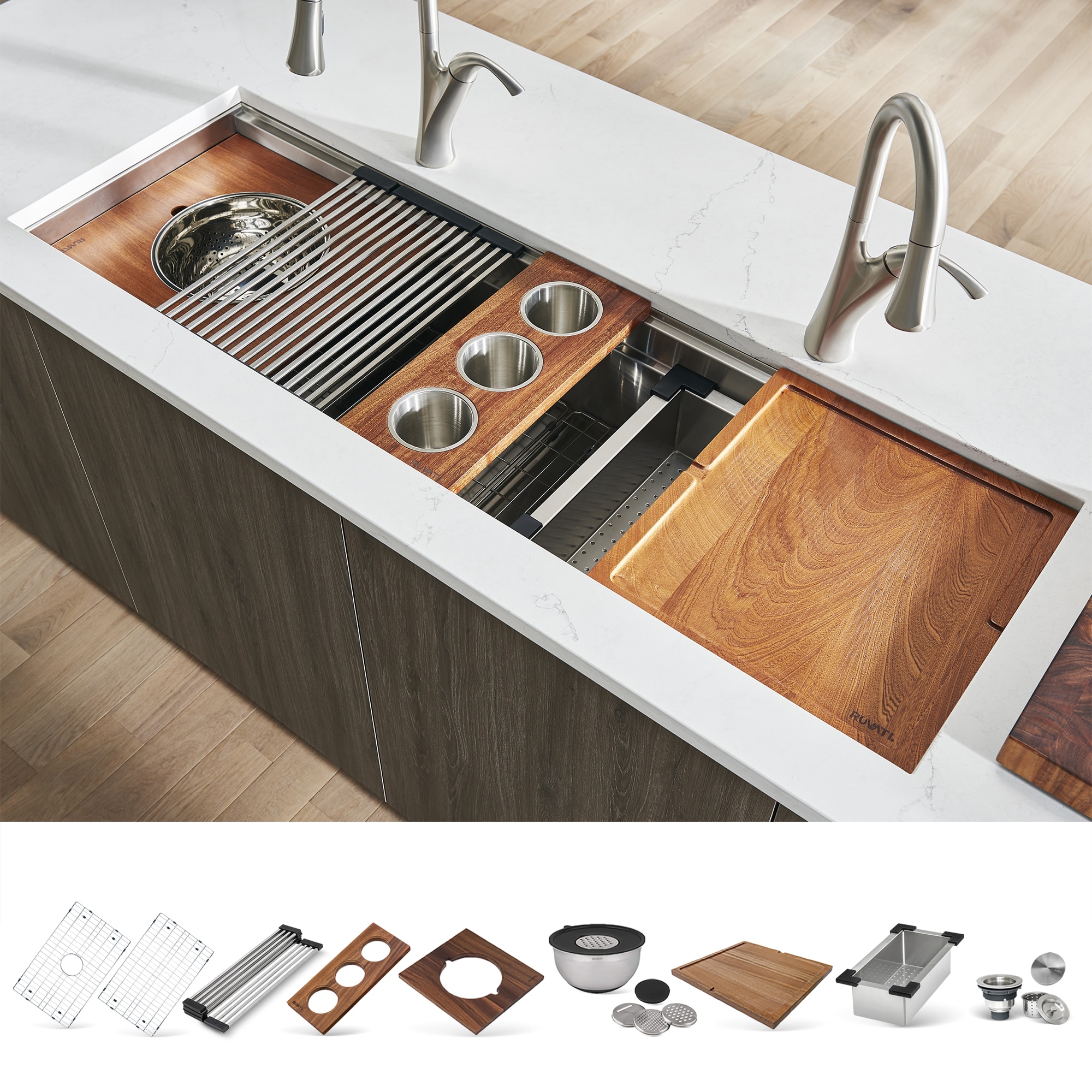 Ruvati Dual-Tier Undermount 57-in x 19-in Stainless steel Single bowl 16 -Gauge Workstation Kitchen Sink