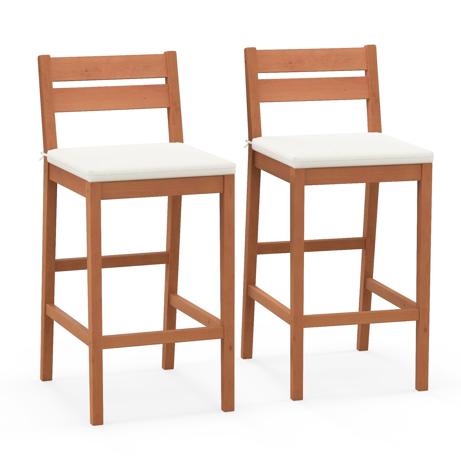 Volenca 2-Piece Outdoor Solid Eucalyptus Wood Patio Bar Stool with Soft Cushion and Inclined Backrest