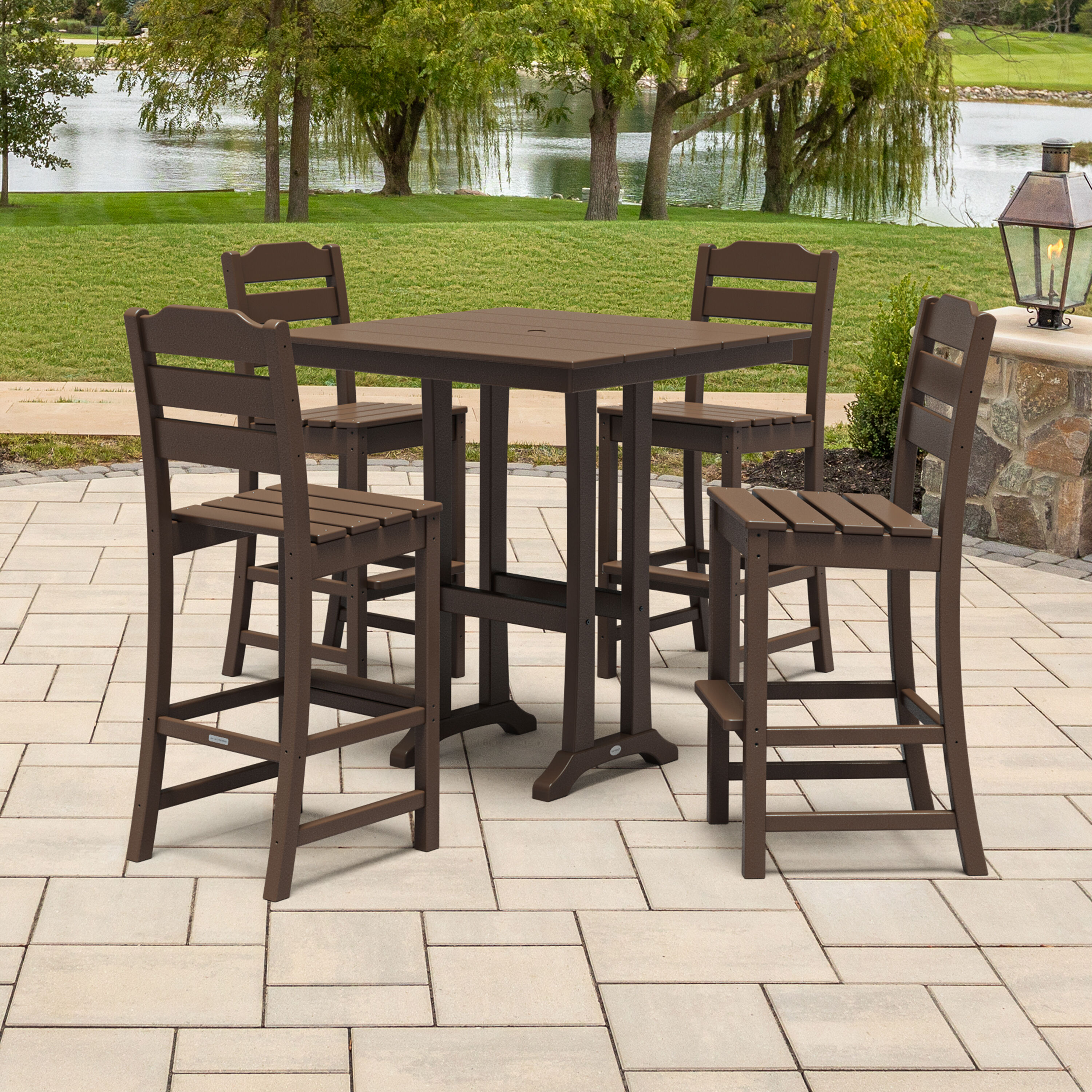POLYWOOD PWS2538-1-MA Oakport 5 -Piece Mahogany Bar Height Patio Dining Set Plastic Square Table with 4 Stationary Chairs