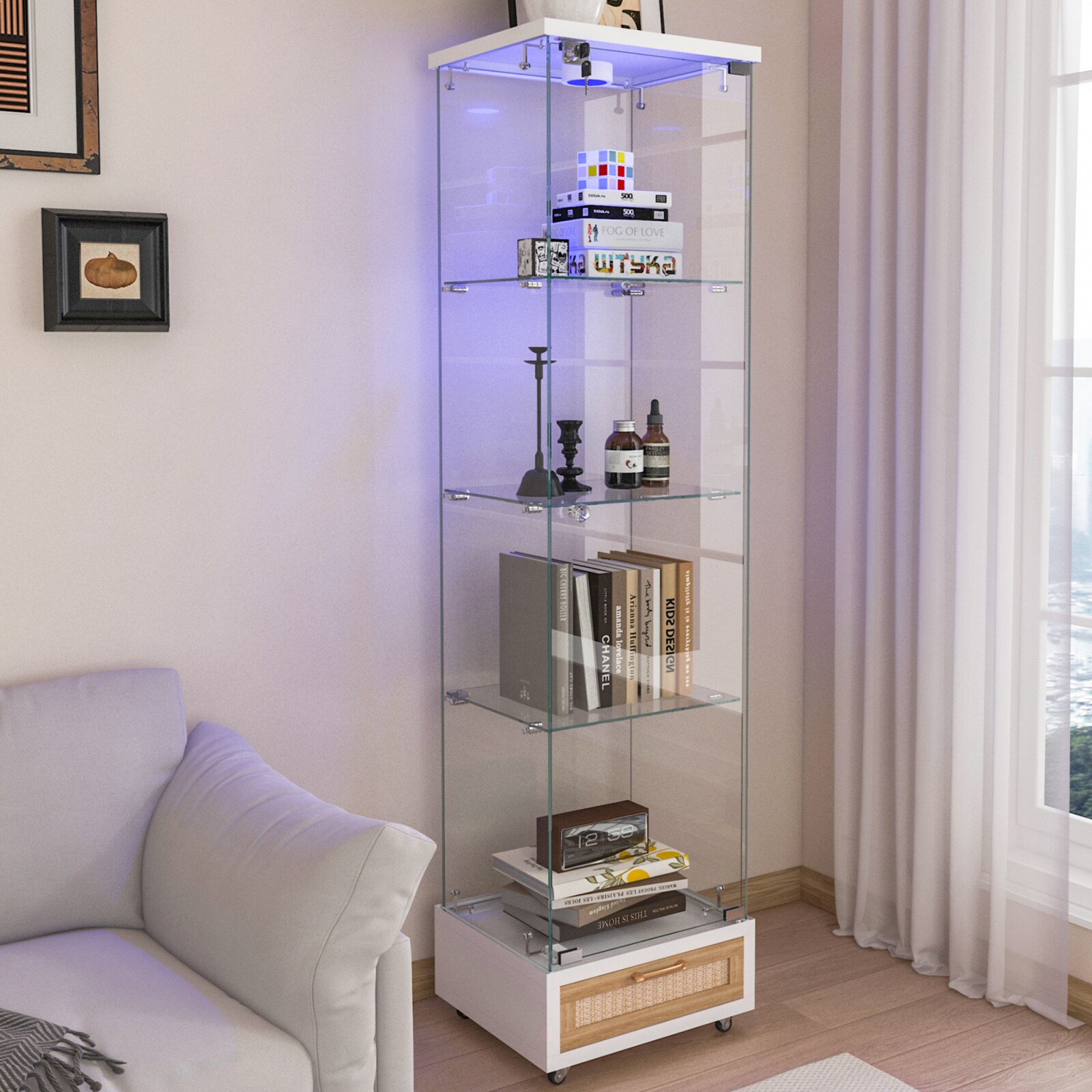 CHITA Modern Wood and Tempered Glass Display Cabinet with 1 Door 4 Shelves LED Lighting Lockable Storage White