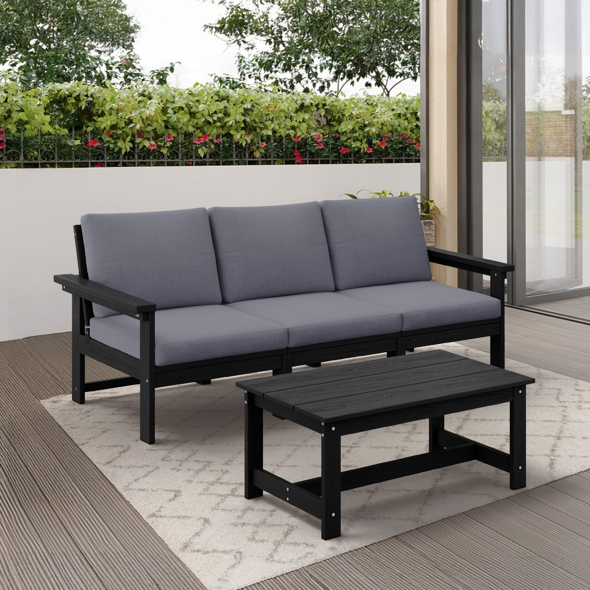JEAREY PEZHSF04-BG Outdoor 3-Seater Sofa with Coffee Table 2 -Piece Patio Sofa Conversation Set with Gray Cushions