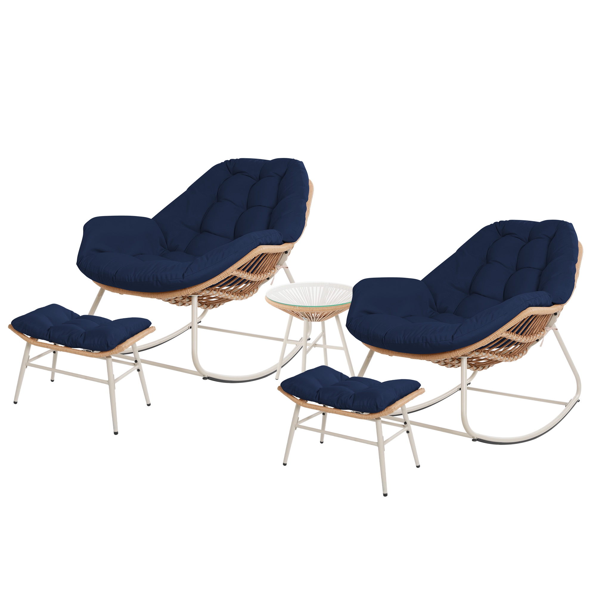 UPHA Y10BE-2A2BC-NAVYBLUE Patio Chairs Set of 2 Wicker Yellow Iron Frame Rocking Chair with Blue Cushioned Seat