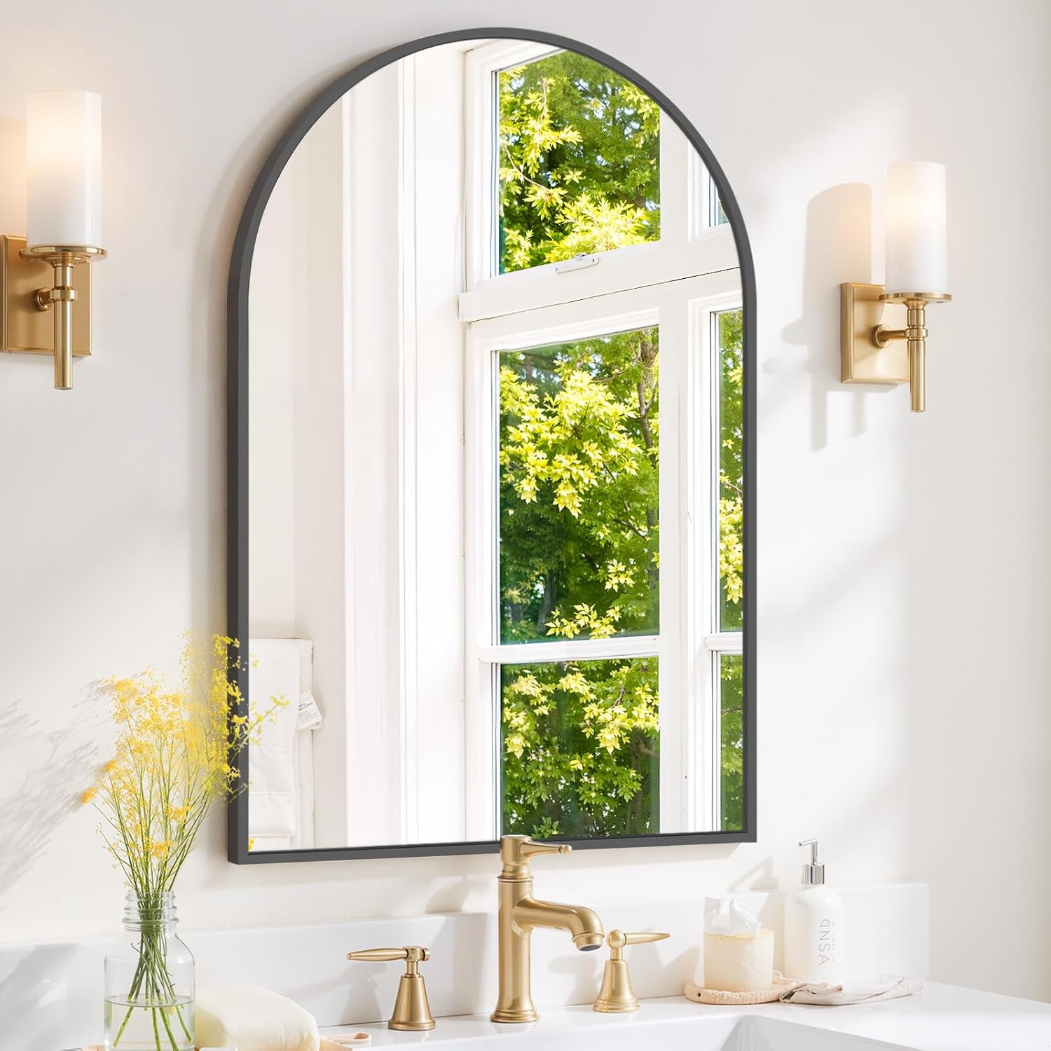 Atilioo 22x30 Inch Matte Black Arch Vanity Mirror Rounded Rectangle Wall Mount Bathroom Mirror Rustic Farmhouse Modern Decorative Mirror for Over Sink and Restroom