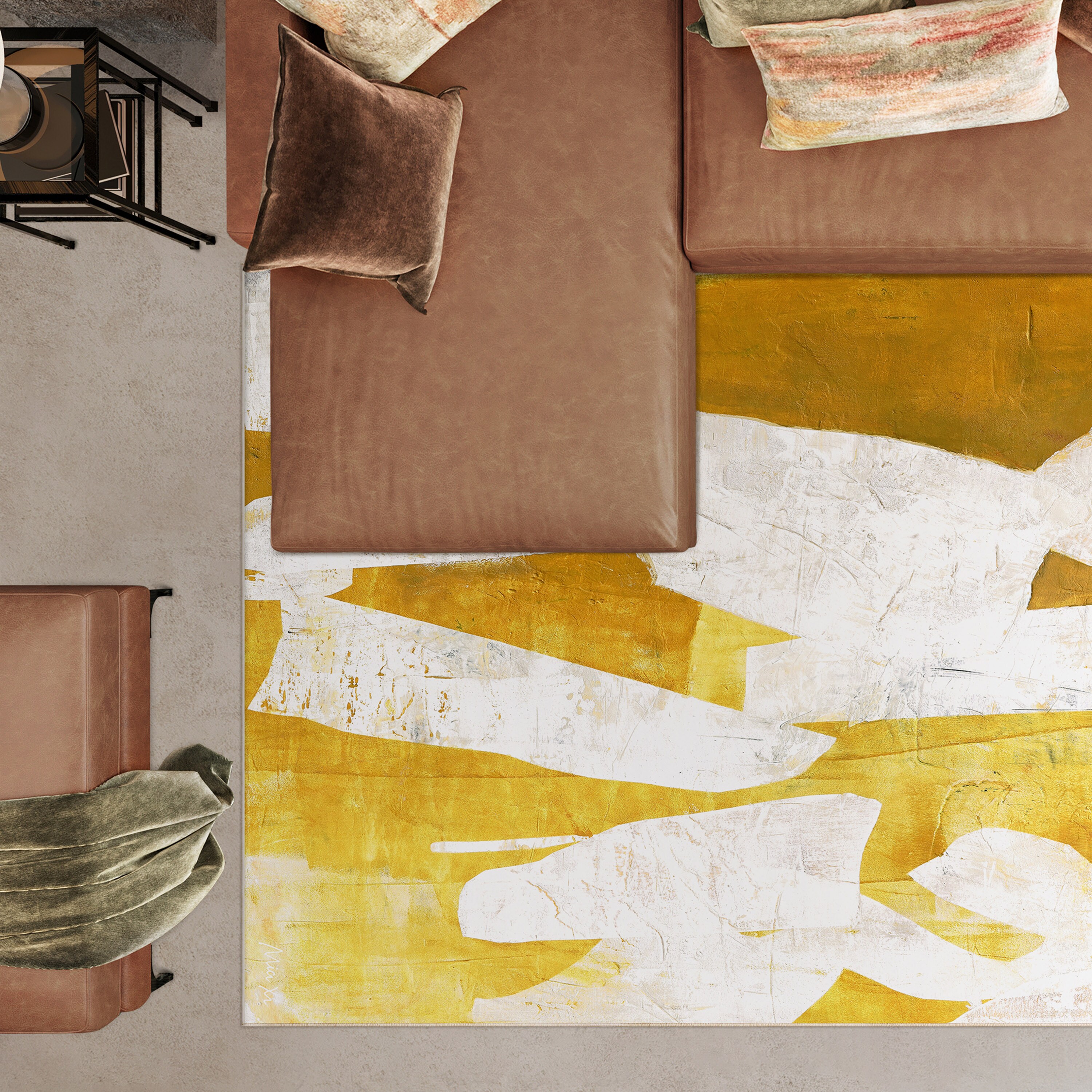 Large Black and Yellow Abstract Synthetic Area Rug