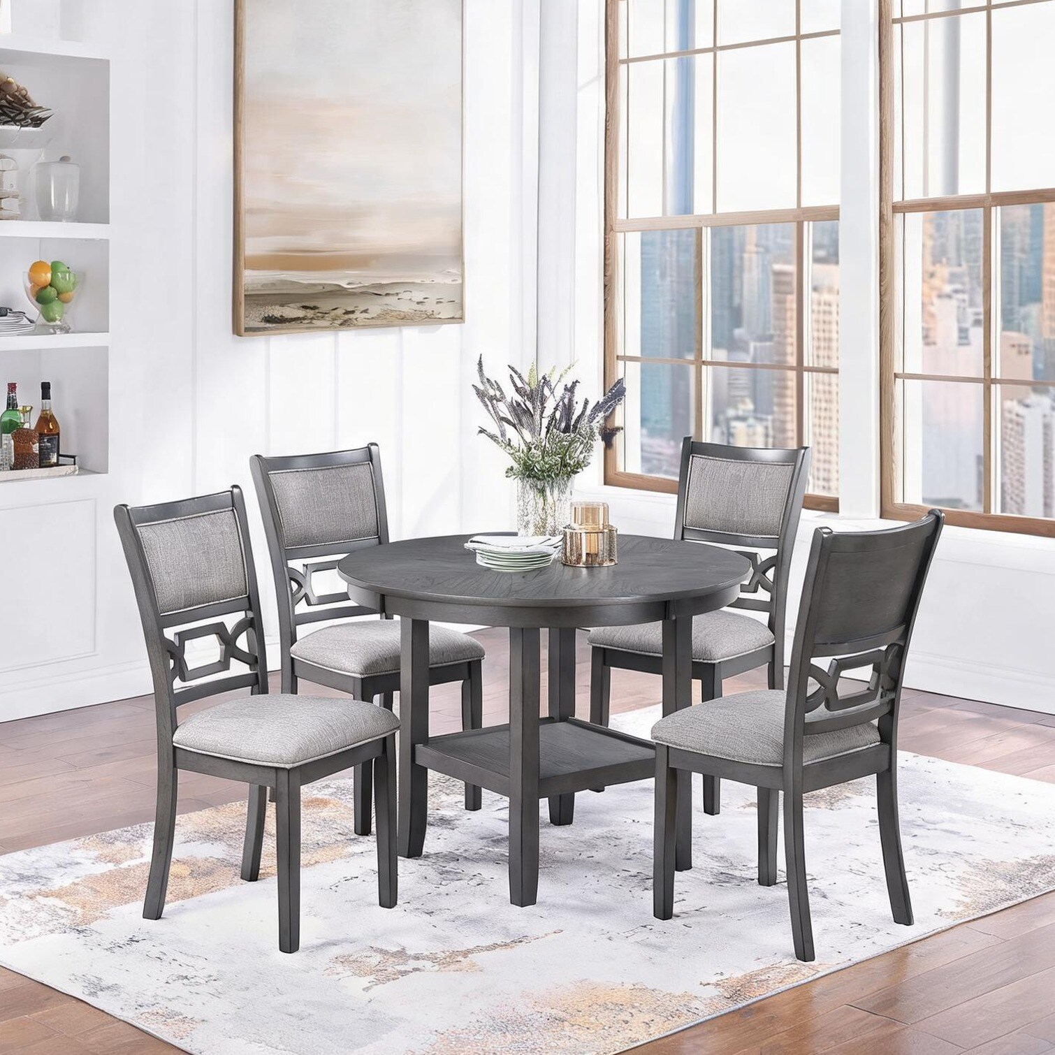 FlowLuxe Round 5-Piece Dining Set with Storage Shelf in Gray-Toned ...
