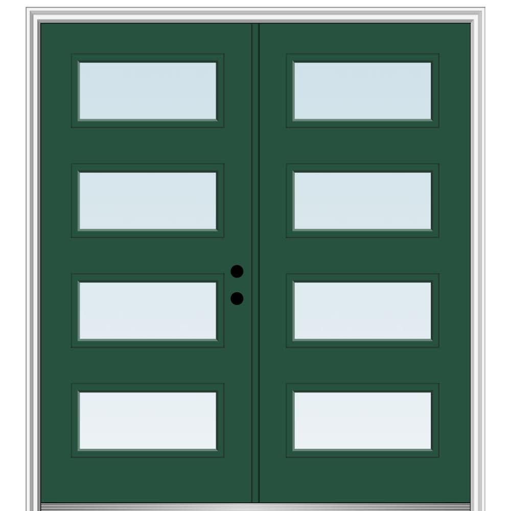 MMI DOOR ZZ348336L Spotlights 64-in x 80-in x 6-9/16-in Fiberglass Pulse lite Left-hand inswing Hunter Green Painted Prehung Double Front Door with Brickmould Insulating core
