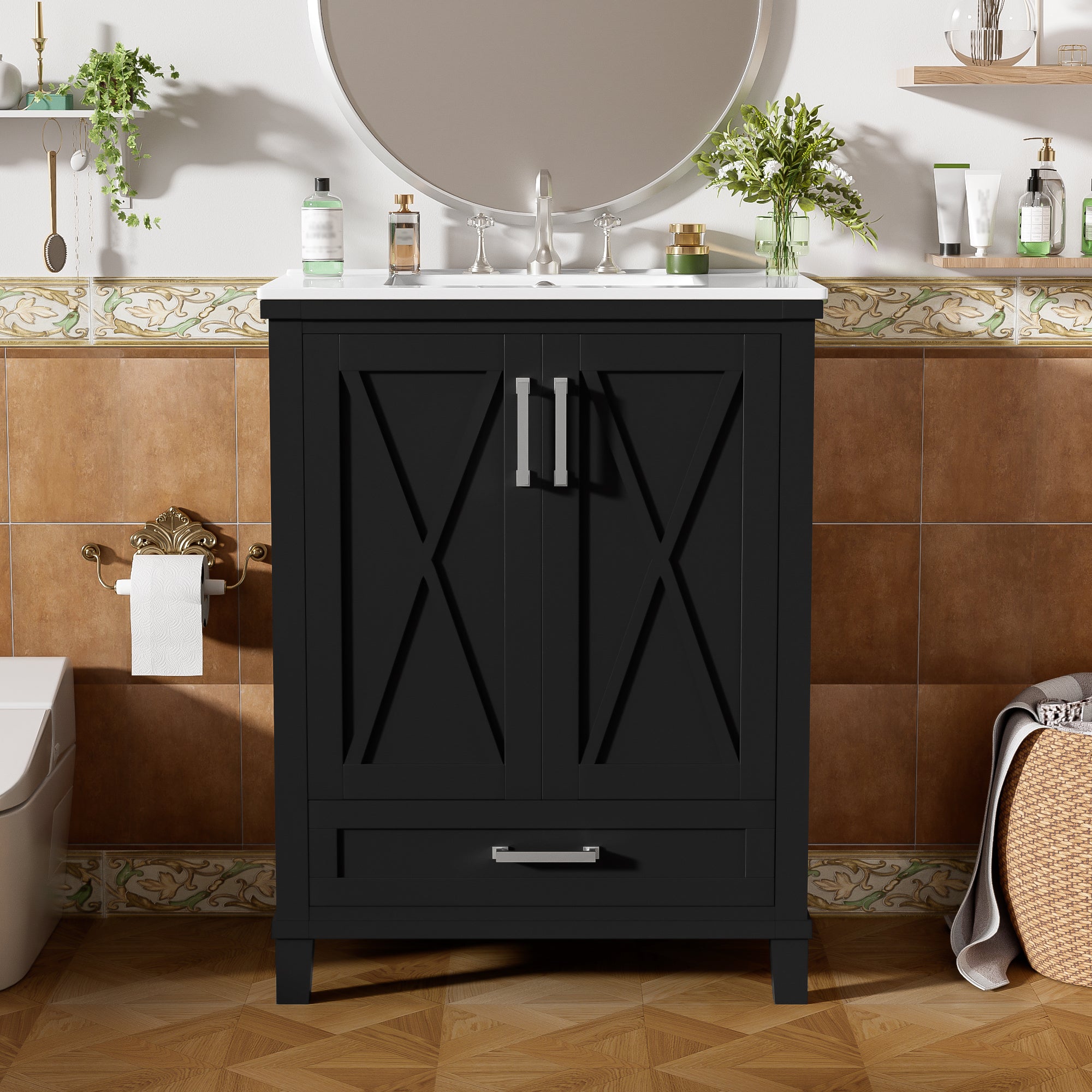 Boyel Living BL-VY-2170B 24 Inch Black Bathroom Vanity with Ceramic Sink and Solid Wood and MDF and 2 Soft Close Doors and 1 Divided Drawer and Dual Door Shelves and Modern Storage Design