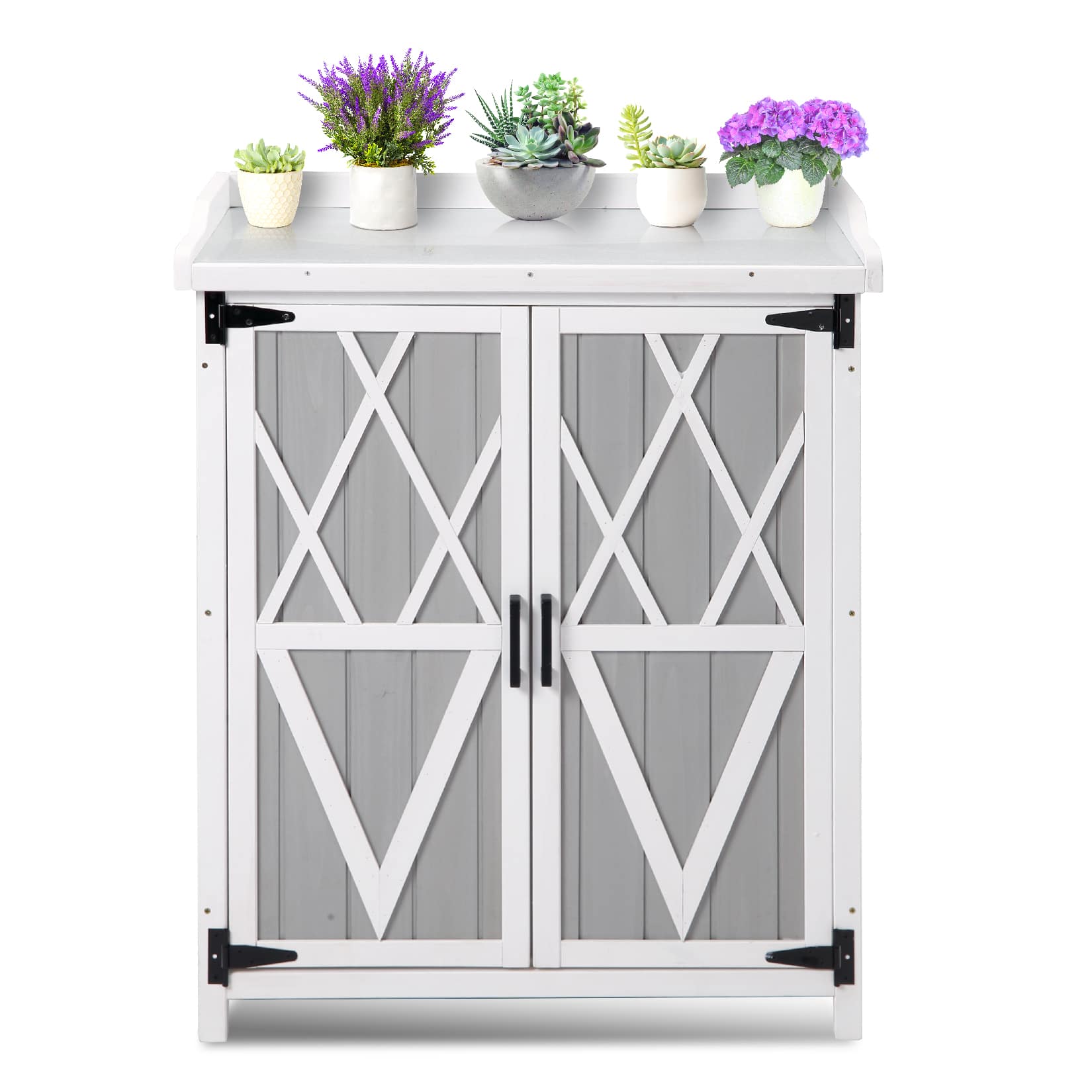 Qeetex JXNAG-PHO-152GAXIW Potting Bench Outdoor Cabinet with Metal Tabletop Wooden Storage Cabinets Weatherproof for Outside Planting Work Benches with Adjustable Shelf Doors for Garden Patio Lawn-Gray