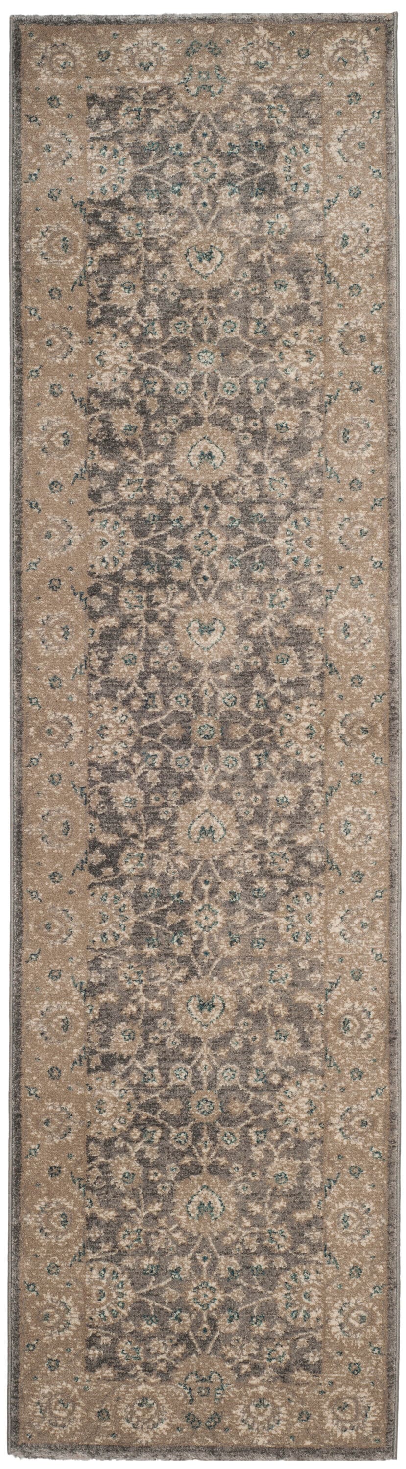 Gray Floral Motif Synthetic Runner Rug 2'2" x 10'