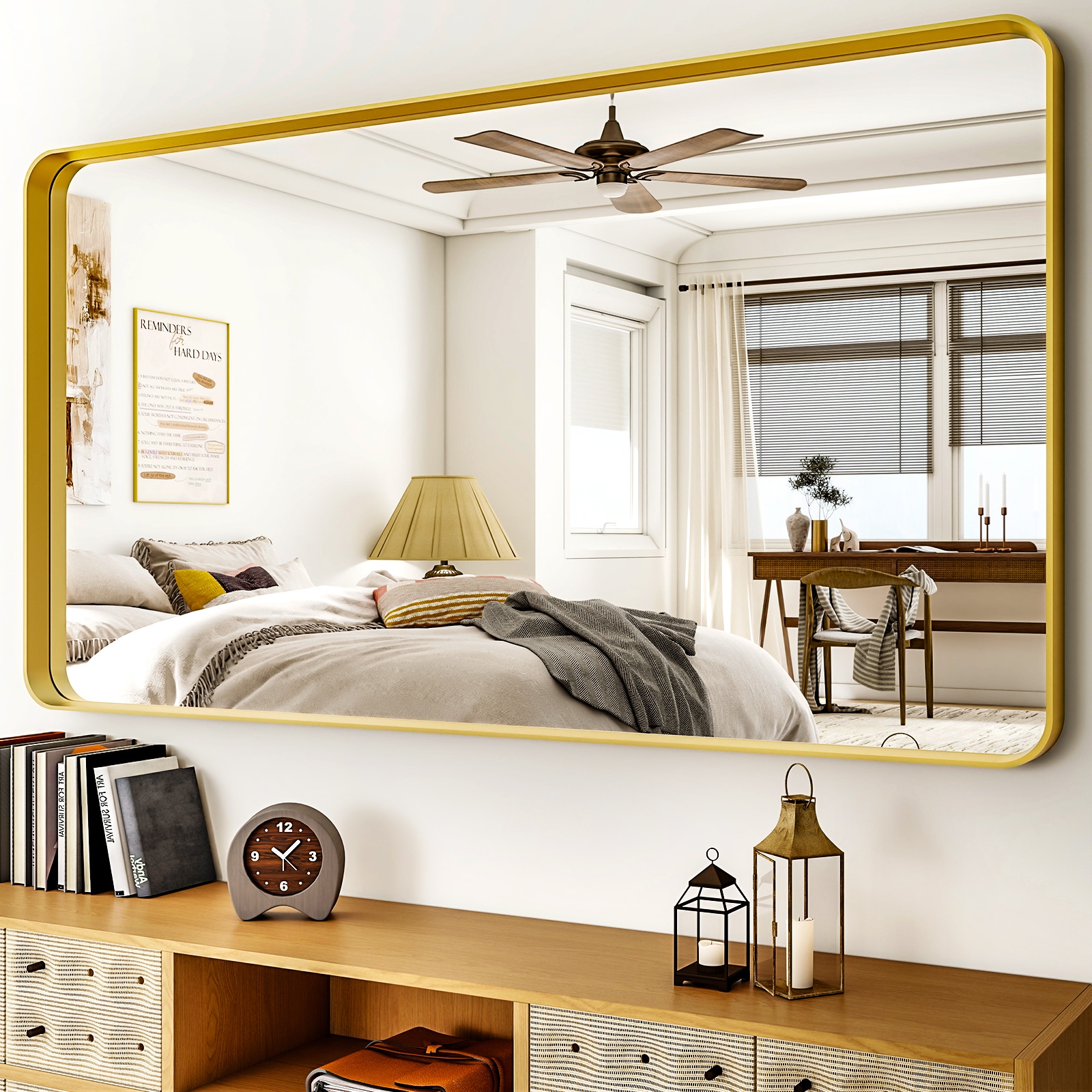 BEAUTYPEAK Q-REAJ3048-G 30-in W x 48-in H Oval Gold Framed Wall Mirror