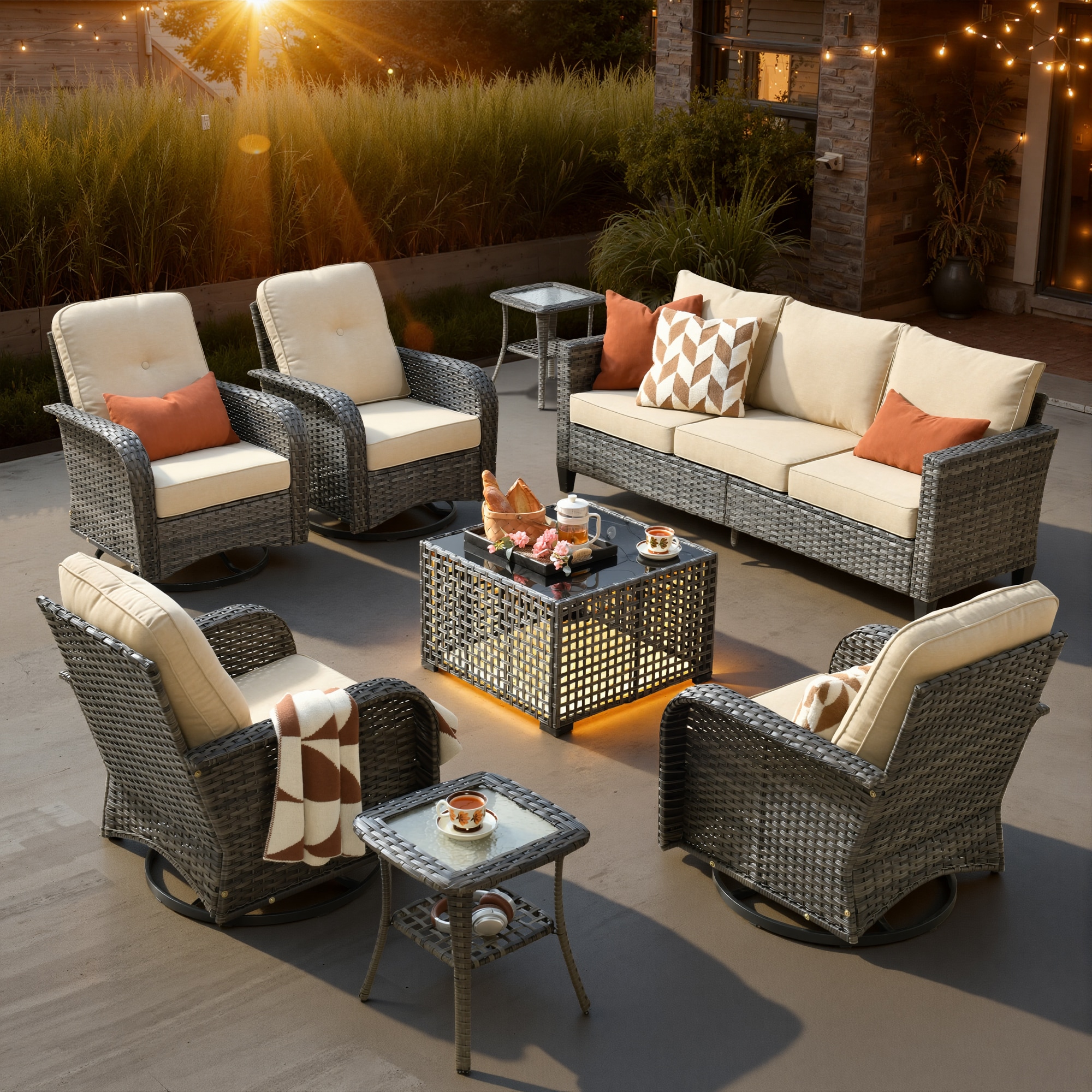 ALTRIGUS 6LYZGNCNEWGRS6081AL 8 -Piece Wicker Patio Sofa Conversation Set with Beige Cushions