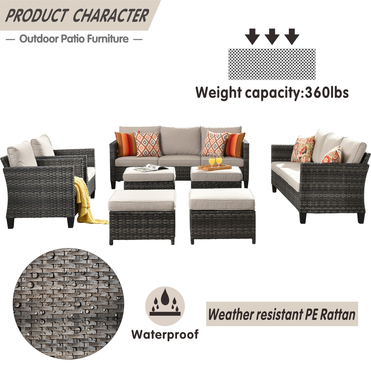 XIZZI Gaea 8-Piece Wicker Patio Conversation Set with Off-white ...