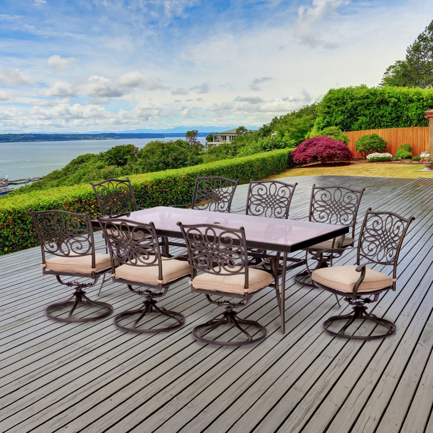 Hanover Traditions 9-Piece Bronze Aluminum Patio Dining Set with Beige Cushions