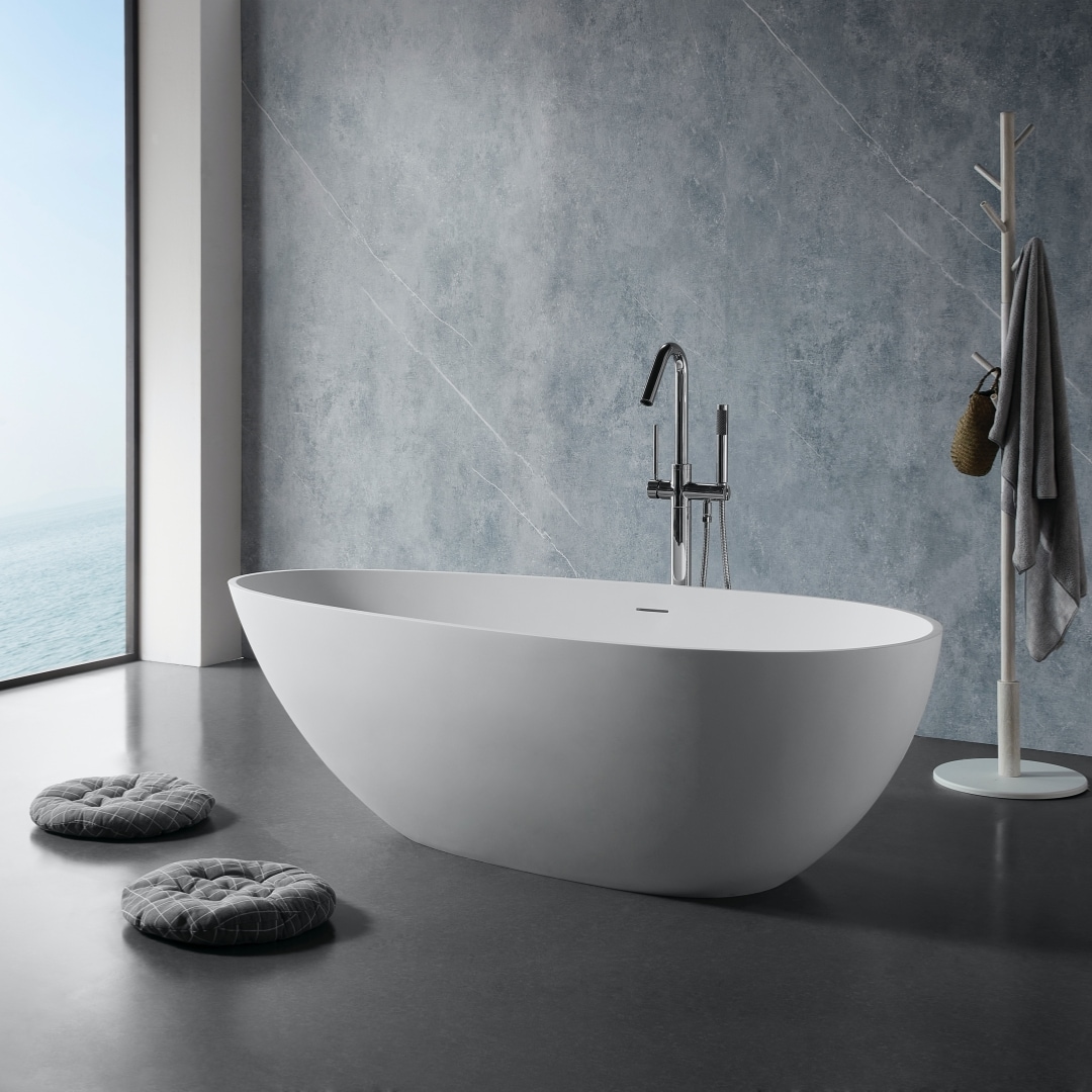 WELLFOR GTLSTBL06 Solid Surface Bathtub 59-in x 30.75-in Matte White Solid Surface Oval Freestanding Soaking Bathtub with Drain ( Center Drain )