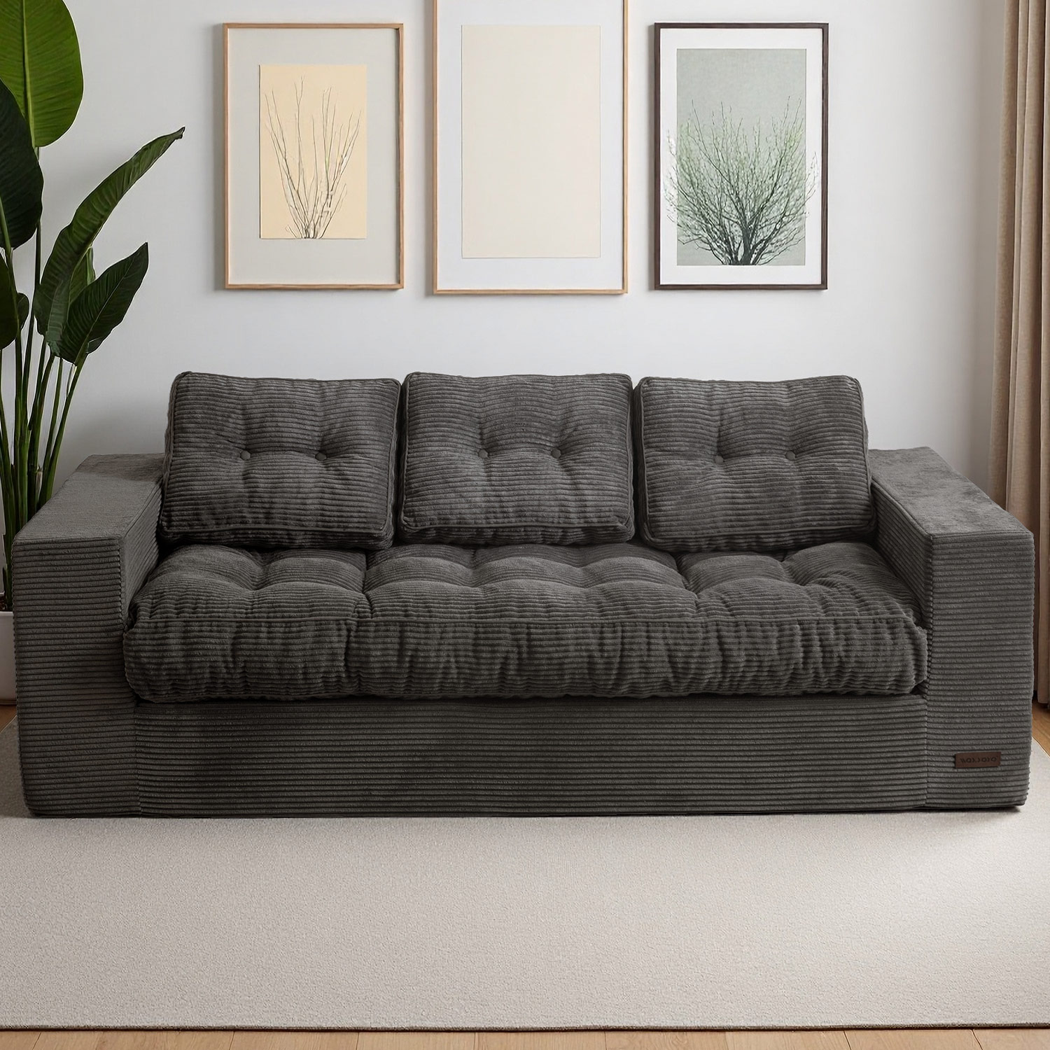 MAXYOYO 75-inch Grey Corduroy 3 Seater Upholstered Floor Sofa Couch with Armrests