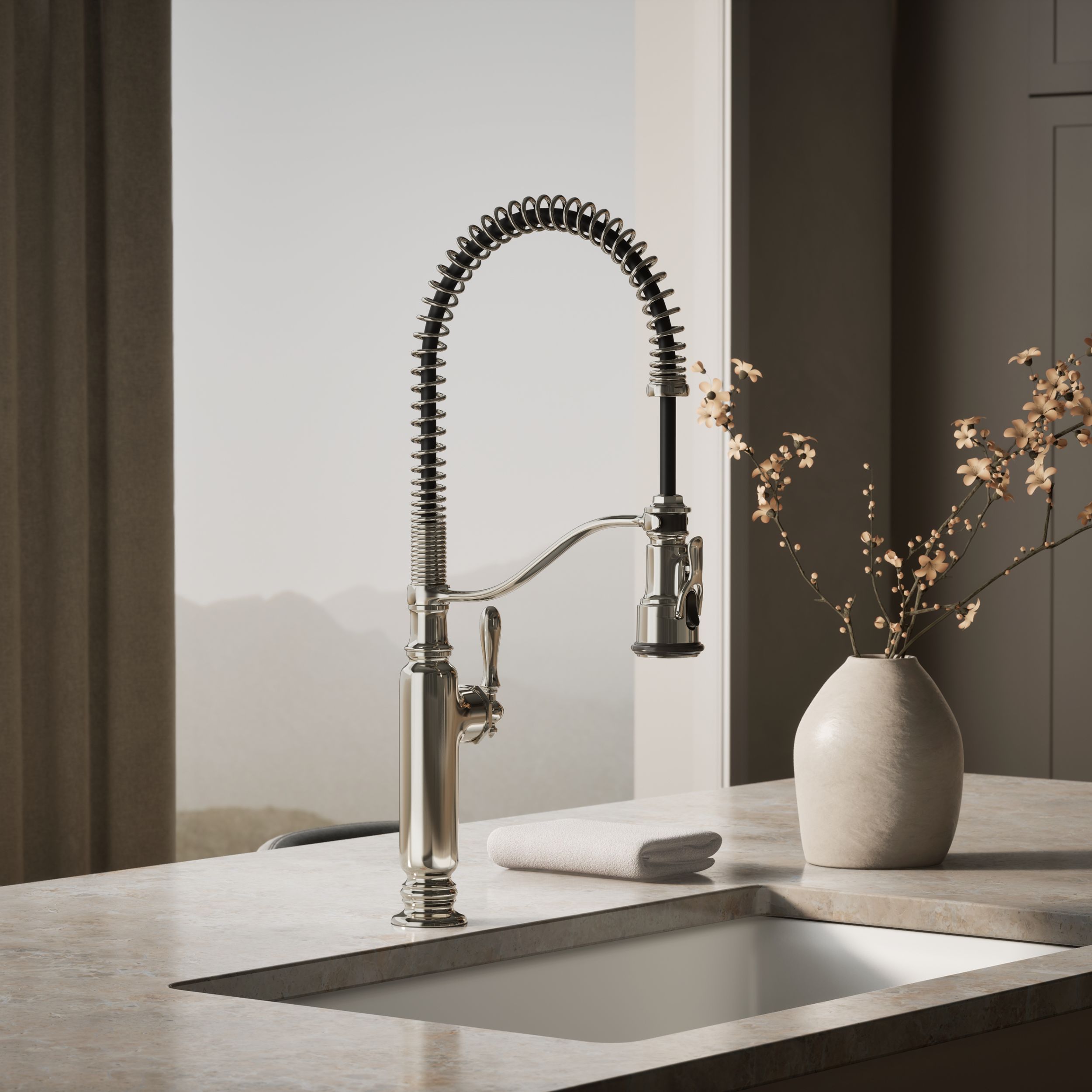 Tournant Pre-Rinse Spring Vibrant Polished Nickel Single Handle Deck-mount Pull-down Kitchen Faucet with Sprayer