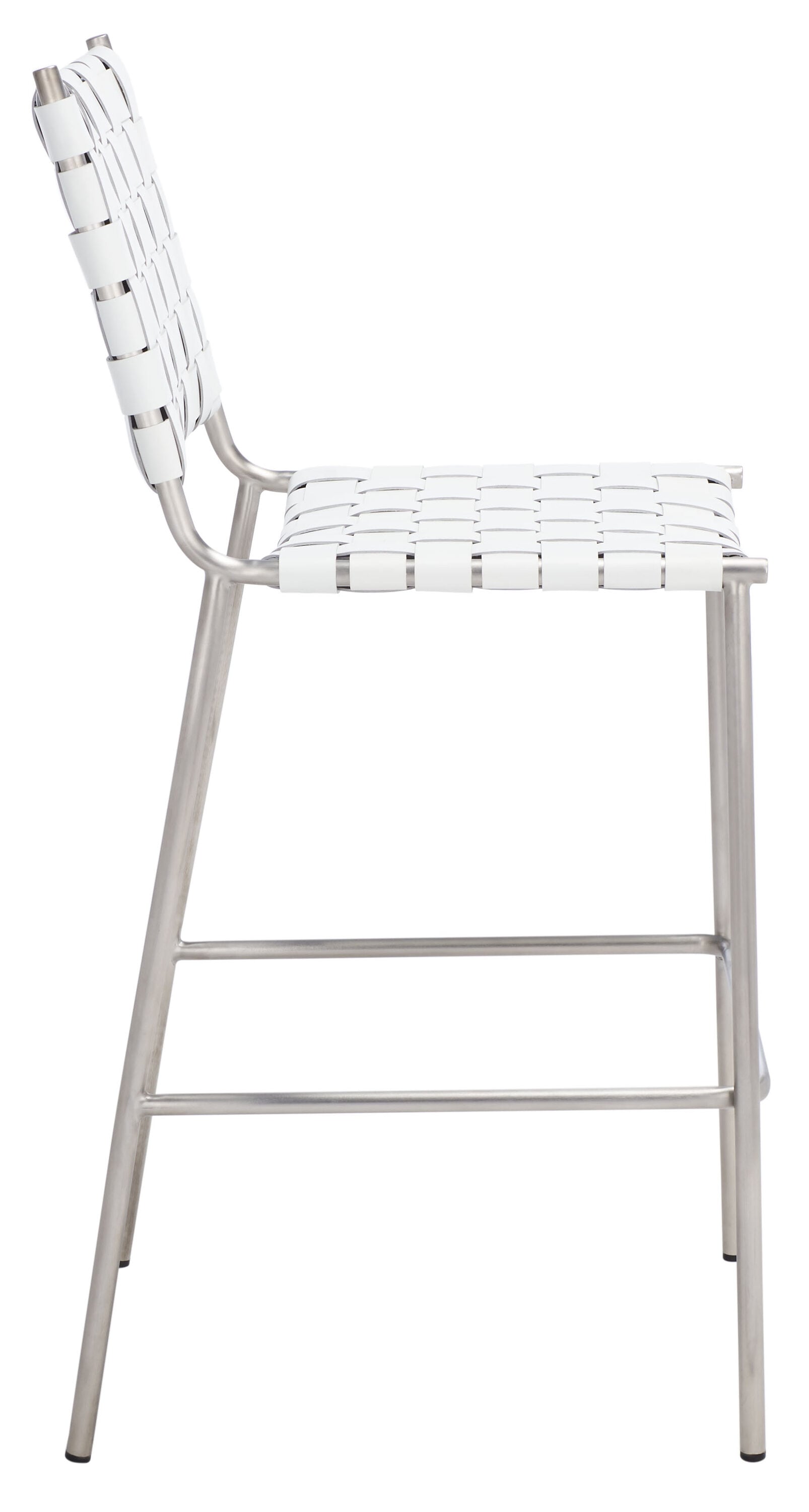Saddle Style Woven White Leather Counter Stool with Silver Metal Base