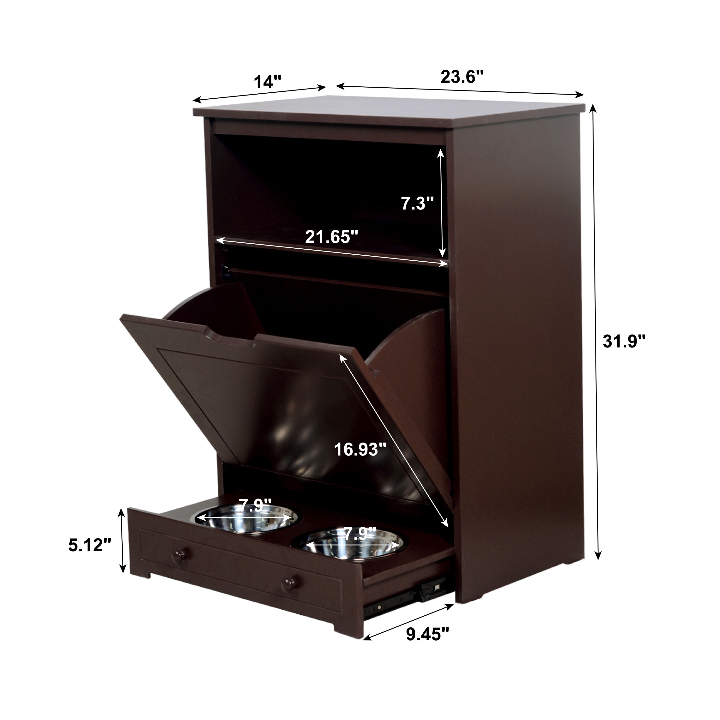 Foobrues Dog House Dog Food Storage Cabinet with Stainless Steel Double Pull Out Raised Dog Bowls for Small Dog, Black+Vintage