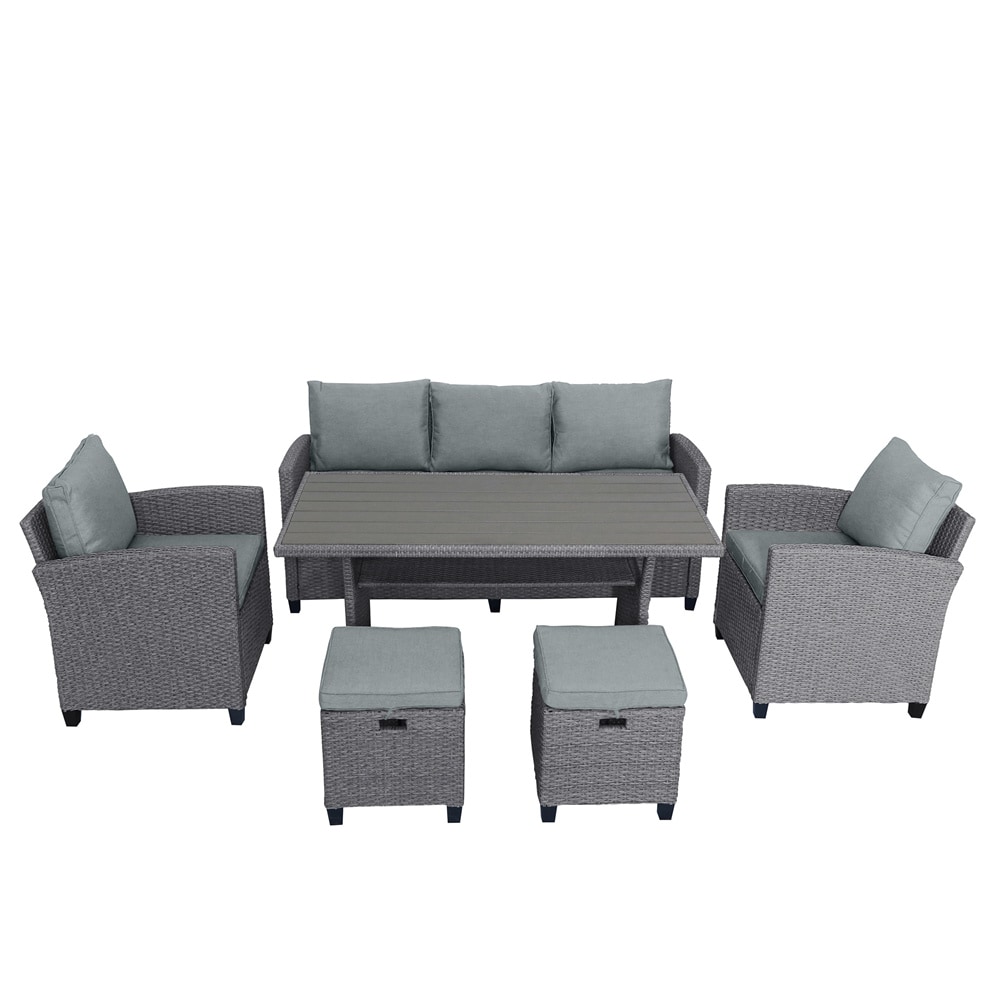 BABOOM BOM-0036ORTPX Outdoor Dining Sets 6 -Piece Gray Rattan Patio Dining Set Rattan Rectangle Table with 2 Gray Cushions Stationary Chairs