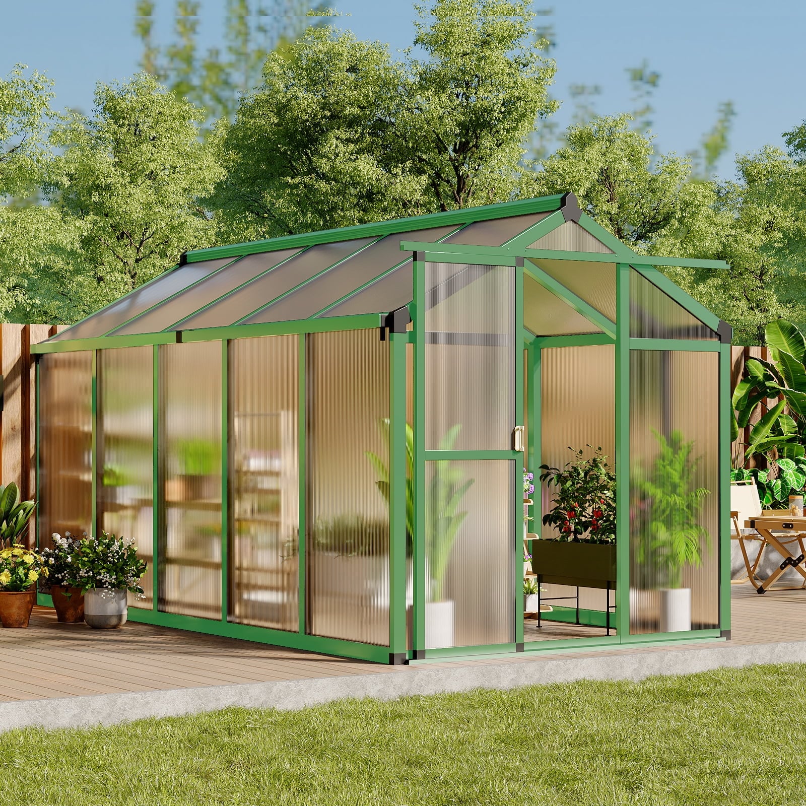 GAOMON 6x10 FT Weather-Resistant Outdoor Polycarbonate Greenhouse Aluminum Frame Lockable Sliding Door Adjustable Roof Vent for Garden Patio Backyard