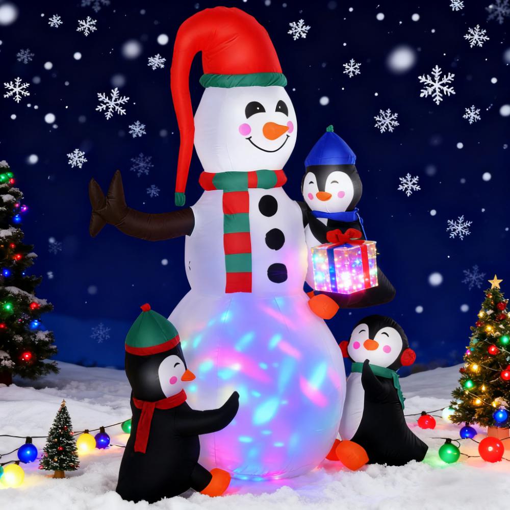 LOVMOR  Christmas Inflatable Snowman with Penguins Light Up Design Festive Outdoor Decor for Holiday Cheer