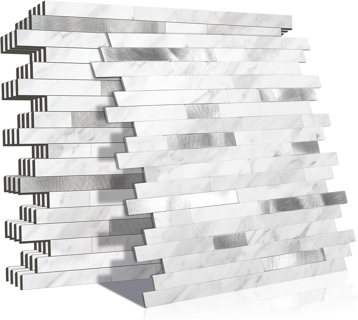 Oyezvary  Peel and Stick Backsplash Panels Marble White with Vintage Silver Stripes Self Adhesive Wall Tiles for Kitchen Bathroom Fireplace RV