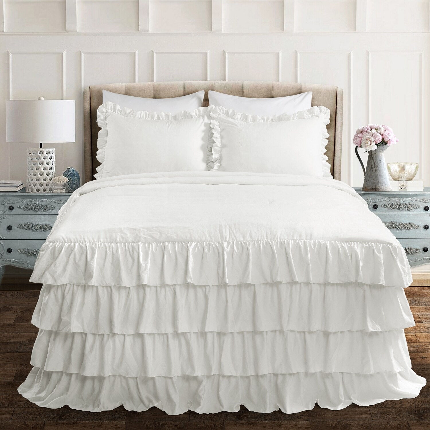 White Ruffled King Size Bedspread Set with Shams