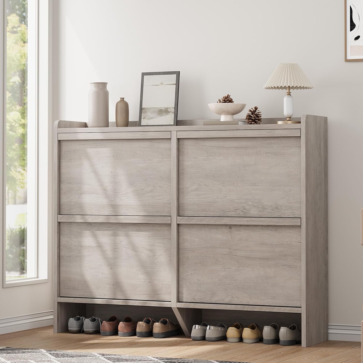 Garvee Hidden Wooden Shoe Cabinet with 4 Flip Drawers and Adjustable Shelf for Entryway Hallway Living Room Grey #XSN-PHO-15G0RCTX