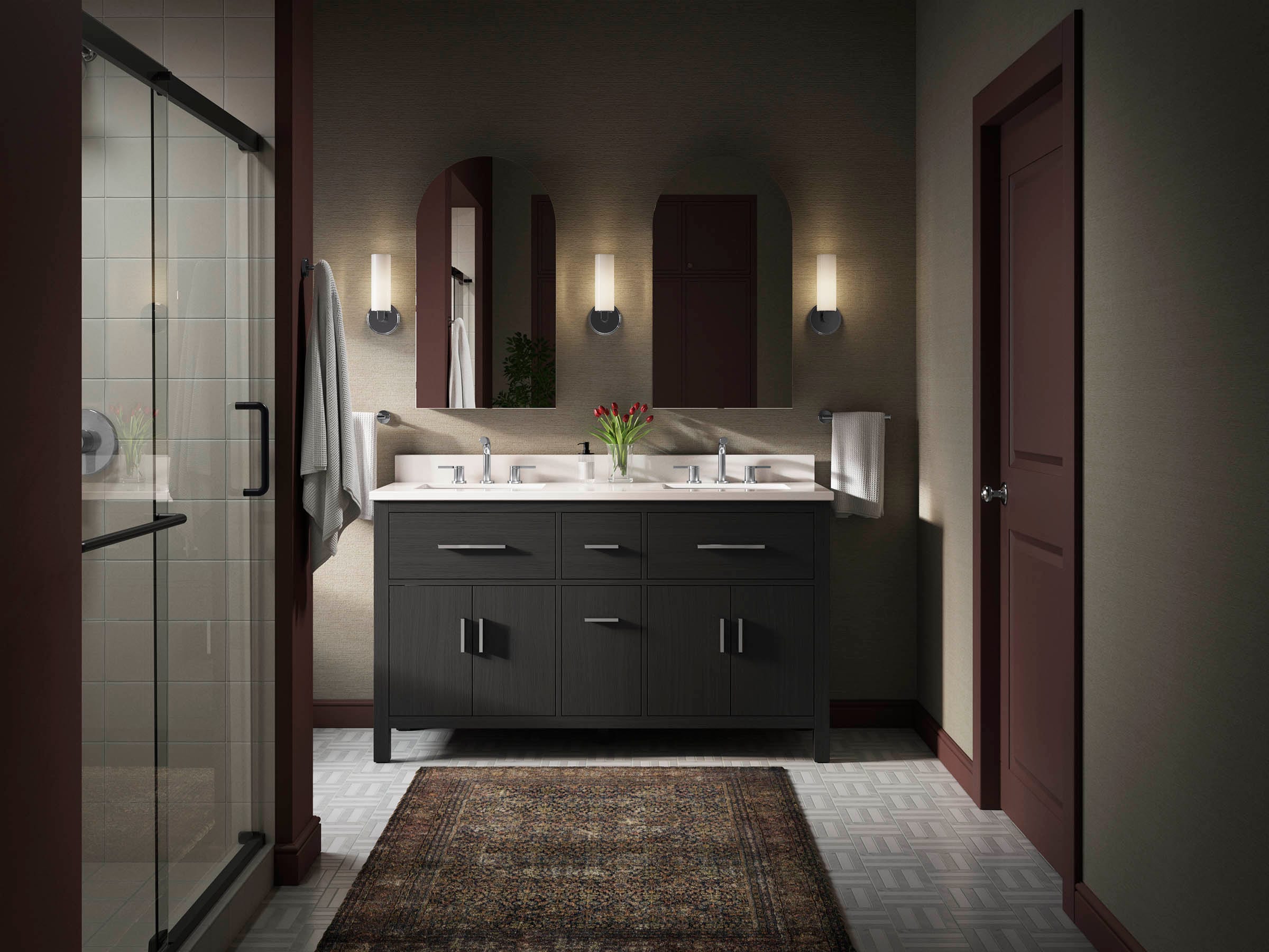 KOHLER 40641-BD1-BWK Kresla 60-in Carbon Oak Undermount Double sink Bathroom Vanity with Pure White Quartz Top