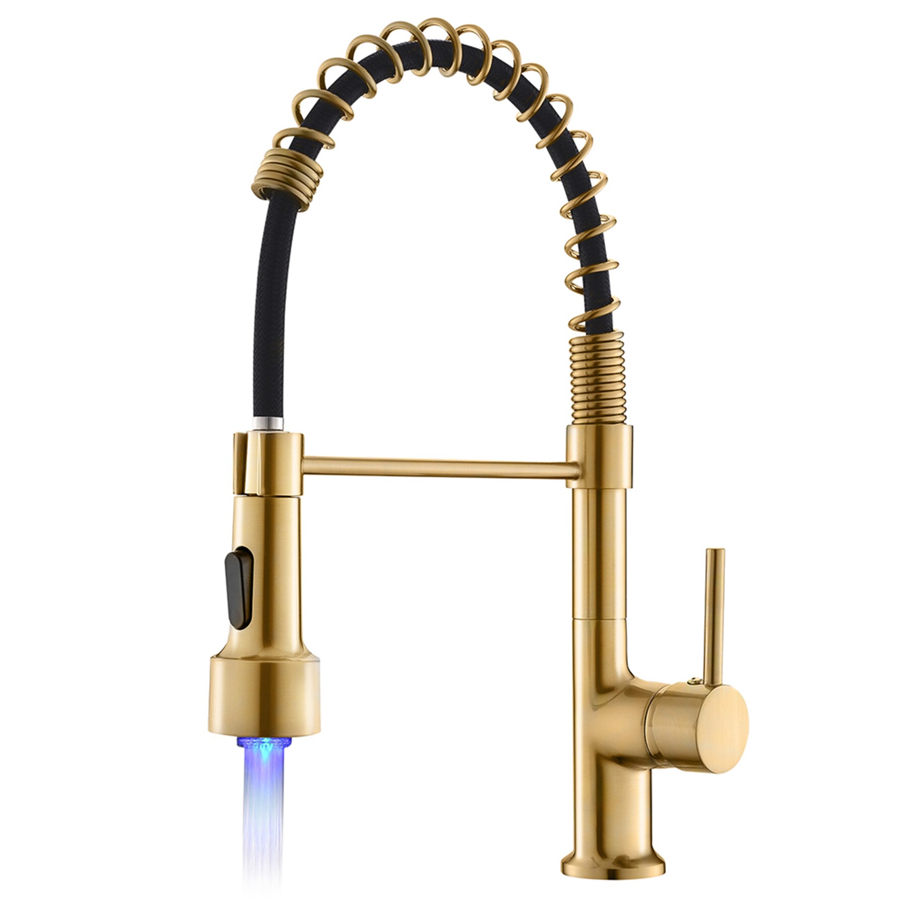 WELLFOR LED Kitchen Faucet Brushed Gold Single Handle Deck-mount Handle Residential Pull-down Kitchen Faucet with Sprayer