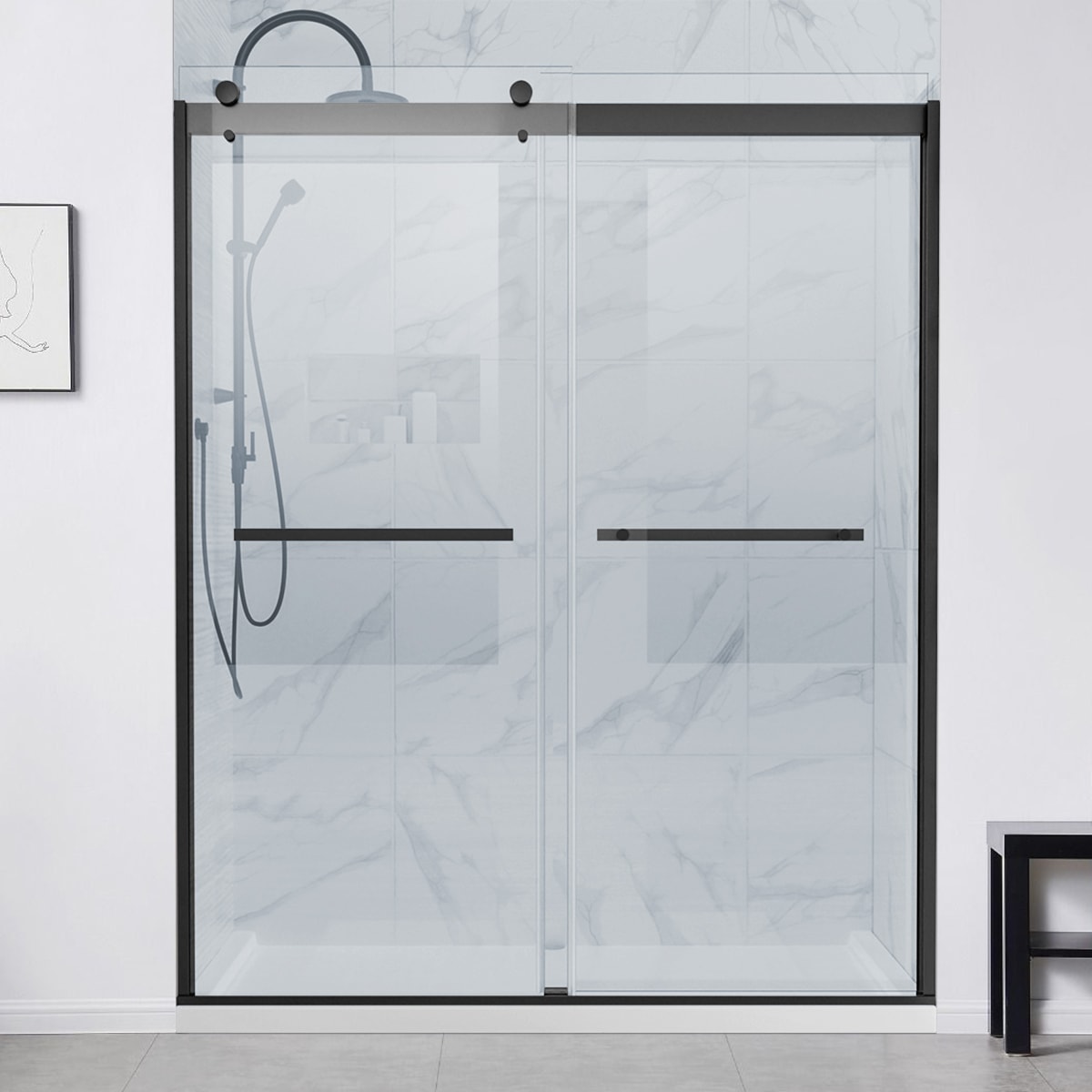 WELLFOR BM-P207795 EX Track Sliding Shower Door Matte Black 56-in to 60-in W x 74-in H Frameless Sliding Shower door 5/16-in Thick Clear Glass