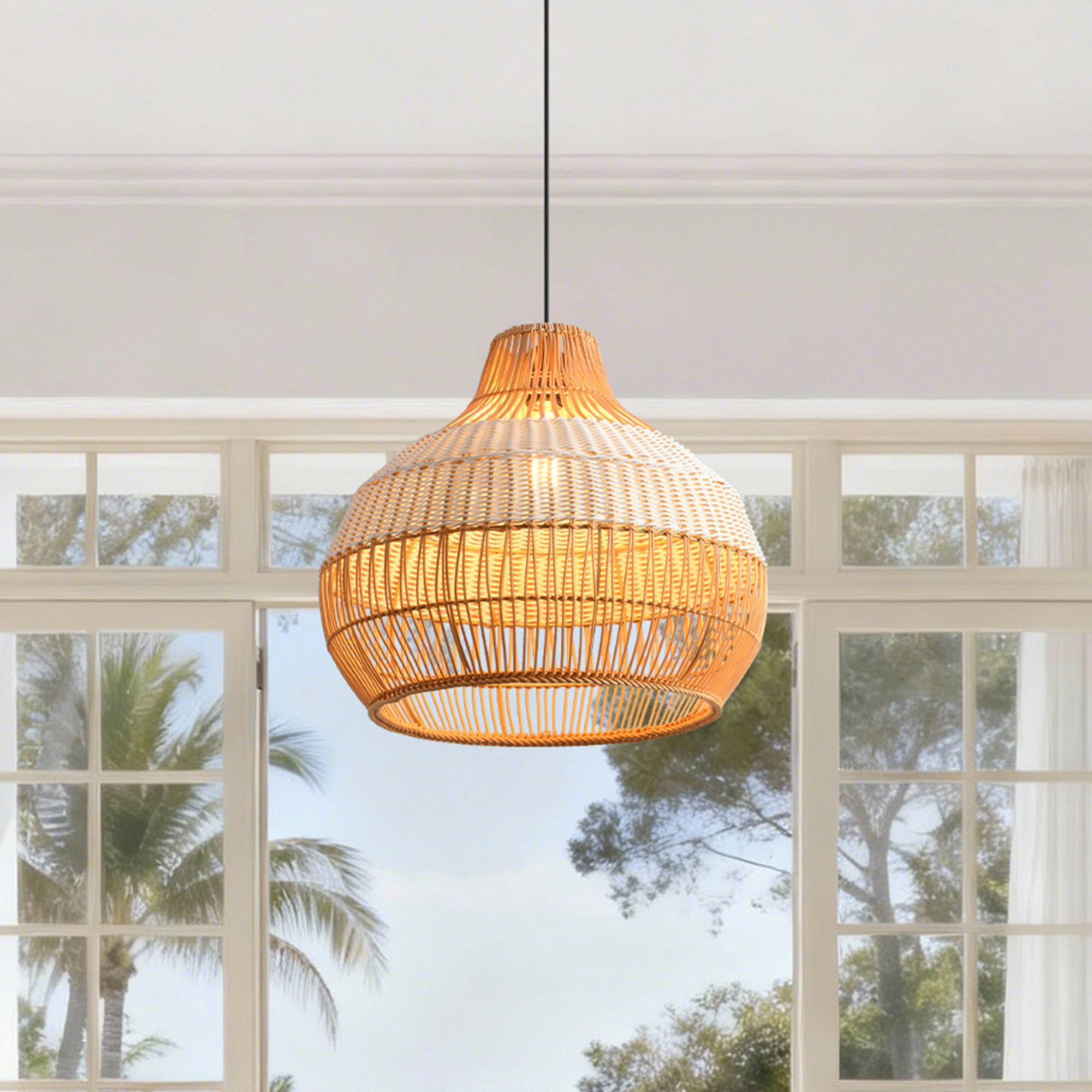 Parrot Uncle 1 -Light Black Farmhouse Rattan Globe Medium Hanging Pendant Light
