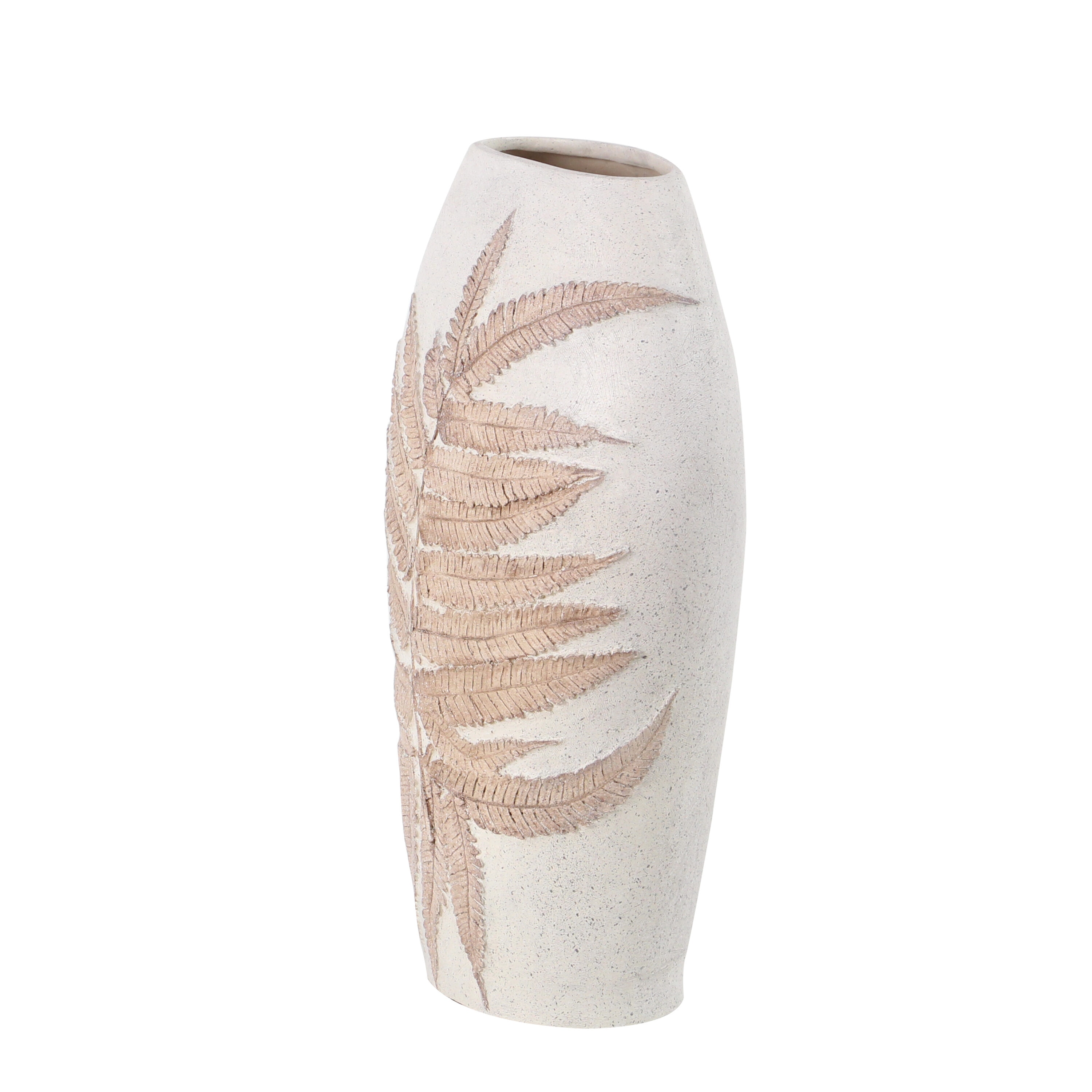 White and Beige Polystone Floor Vase with Leaf Design