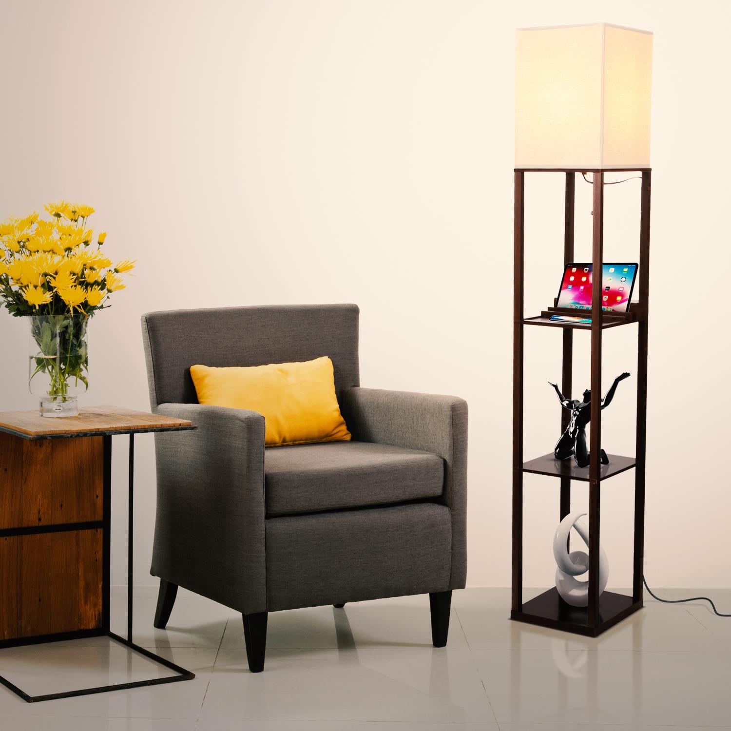 Brightech C3-7HW9-LHTV 63-in Havana Brown Shelf Floor Lamp with Fabric Shade