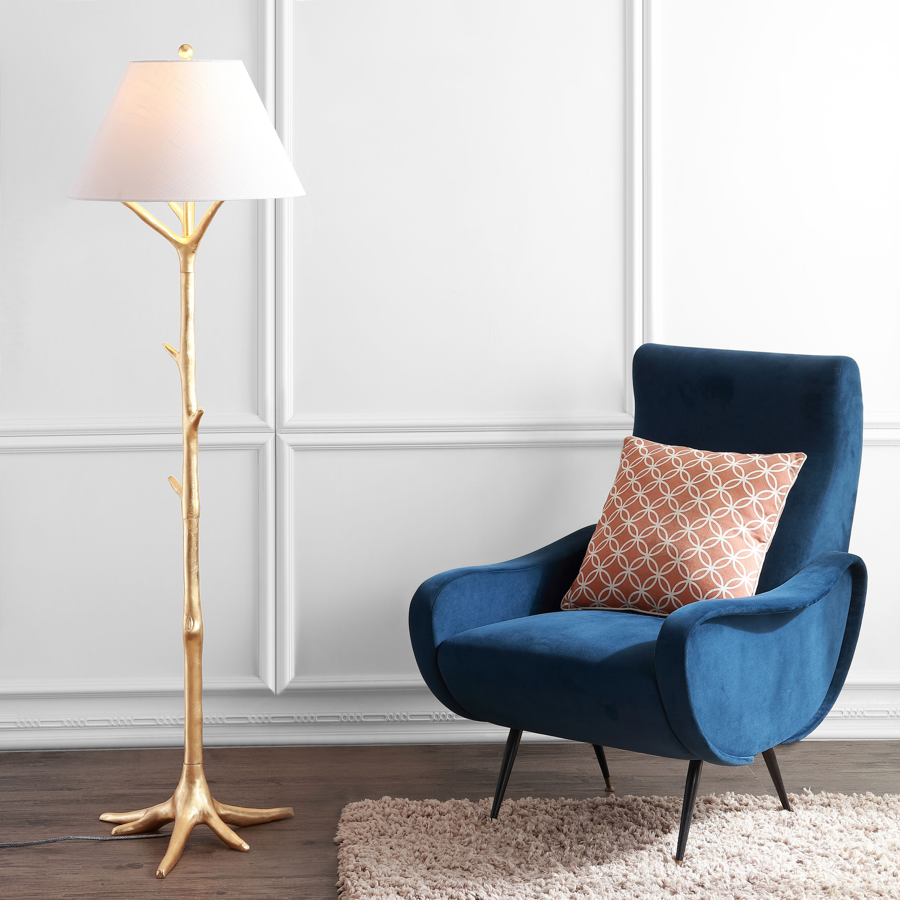 Arbor Gold Faux Bois Resin Arc Floor Lamp with White Shade