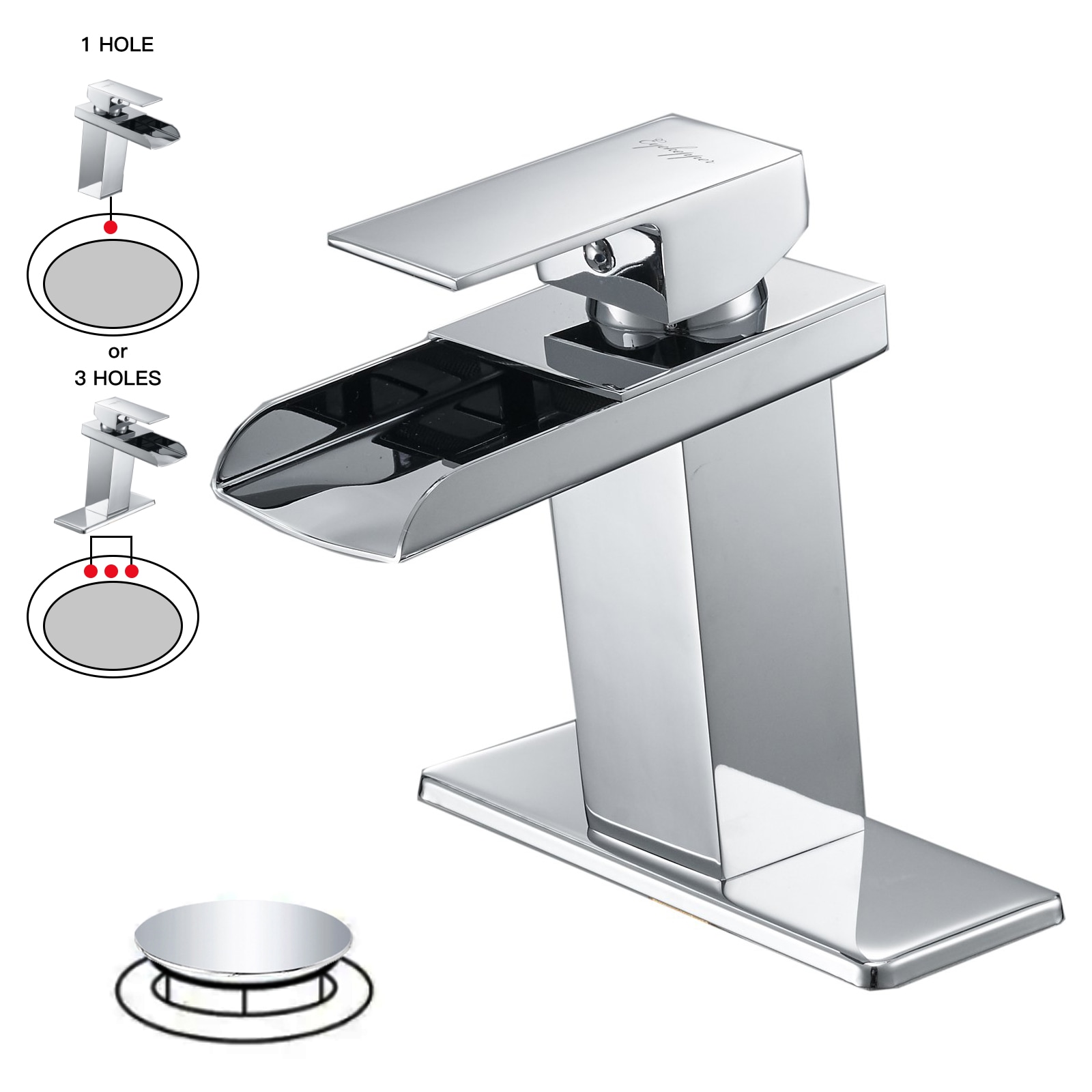 BWE A-96009-C-2 Polished Chrome Single hole 1-handle WaterSense Waterfall Commercial/Residential Handle Bathroom Sink Faucet with Drain with Deck Plate