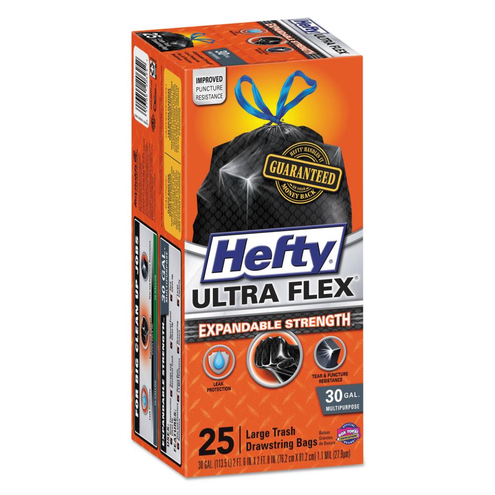 Hefty Ultra Flex Waste Bags, 30 gal, 1.05 mil, 6 x 2.1, Black, 150/Carton