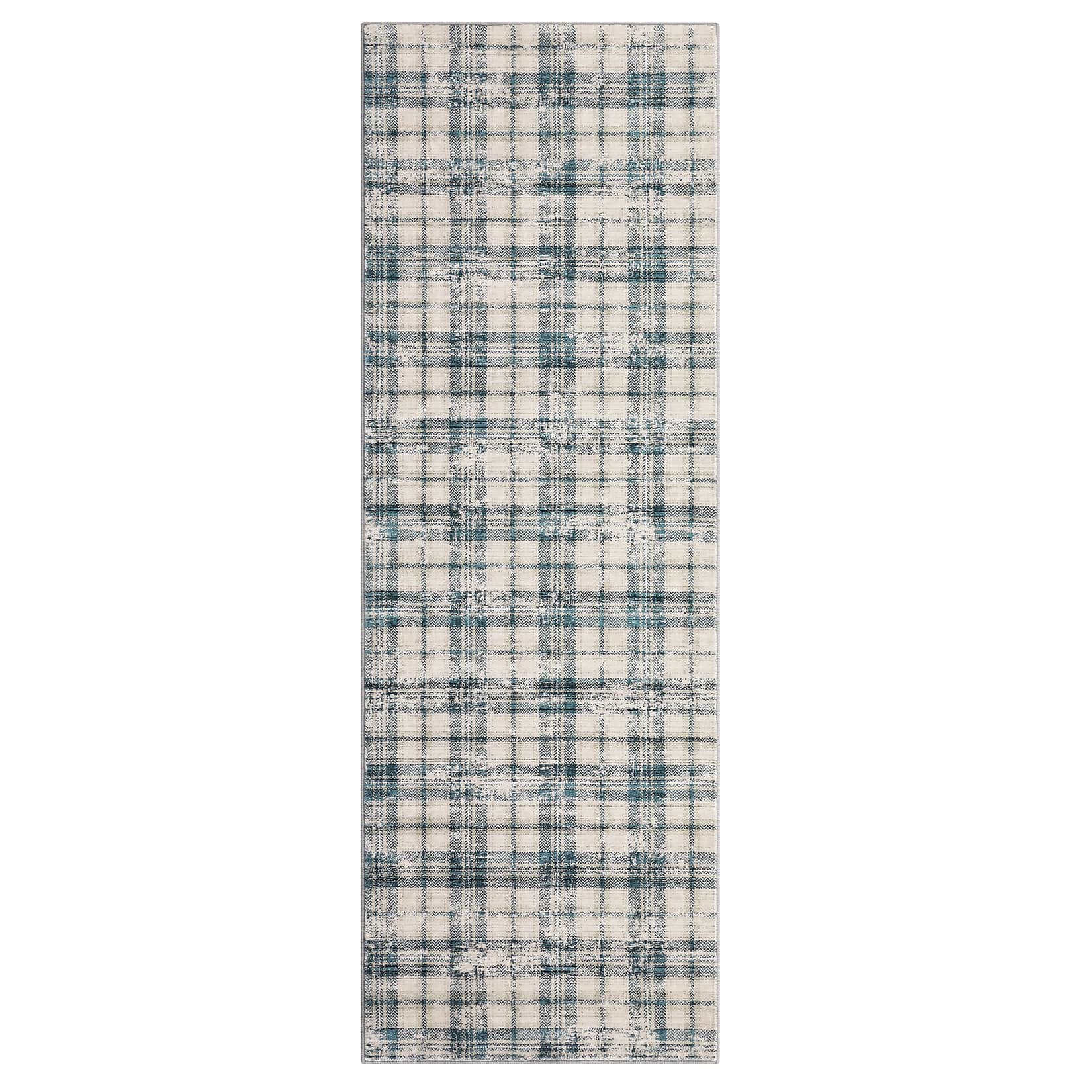 Qeetex SUNNY-PHO-13CGHBLG 2 x 6 ft Polyester Blue/Beige Rectangular Laundry Bathroom Kitchen Geometric Lattice Print Modern Machine Washable Runner Rug