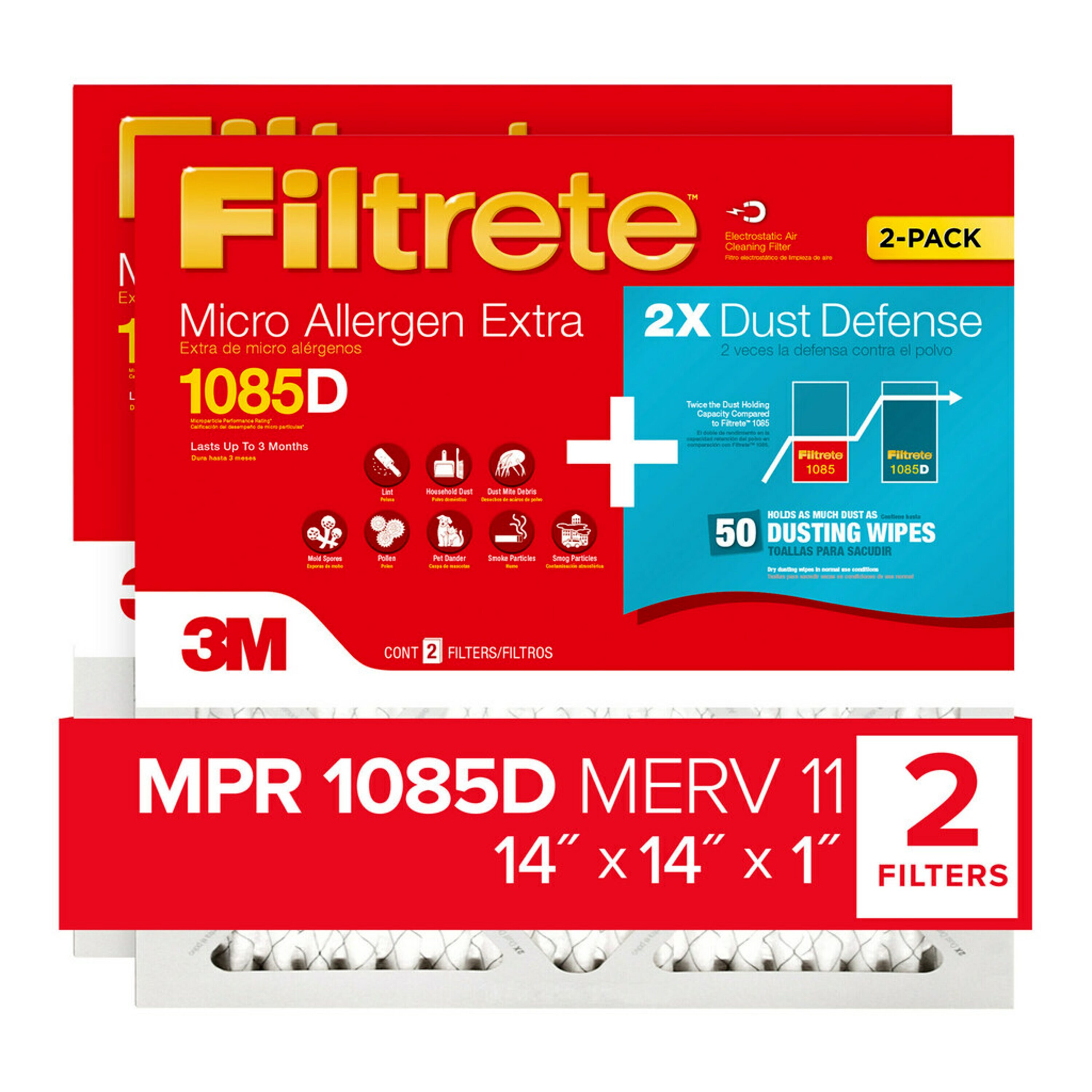 Filtrete 14-in W x 14-in L x 1-in MERV 11 1085 MPR Micro Allergen Extra +  Dust Defense Electrostatic Pleated Air Filter (2-Pack) in the Air Filters  department at