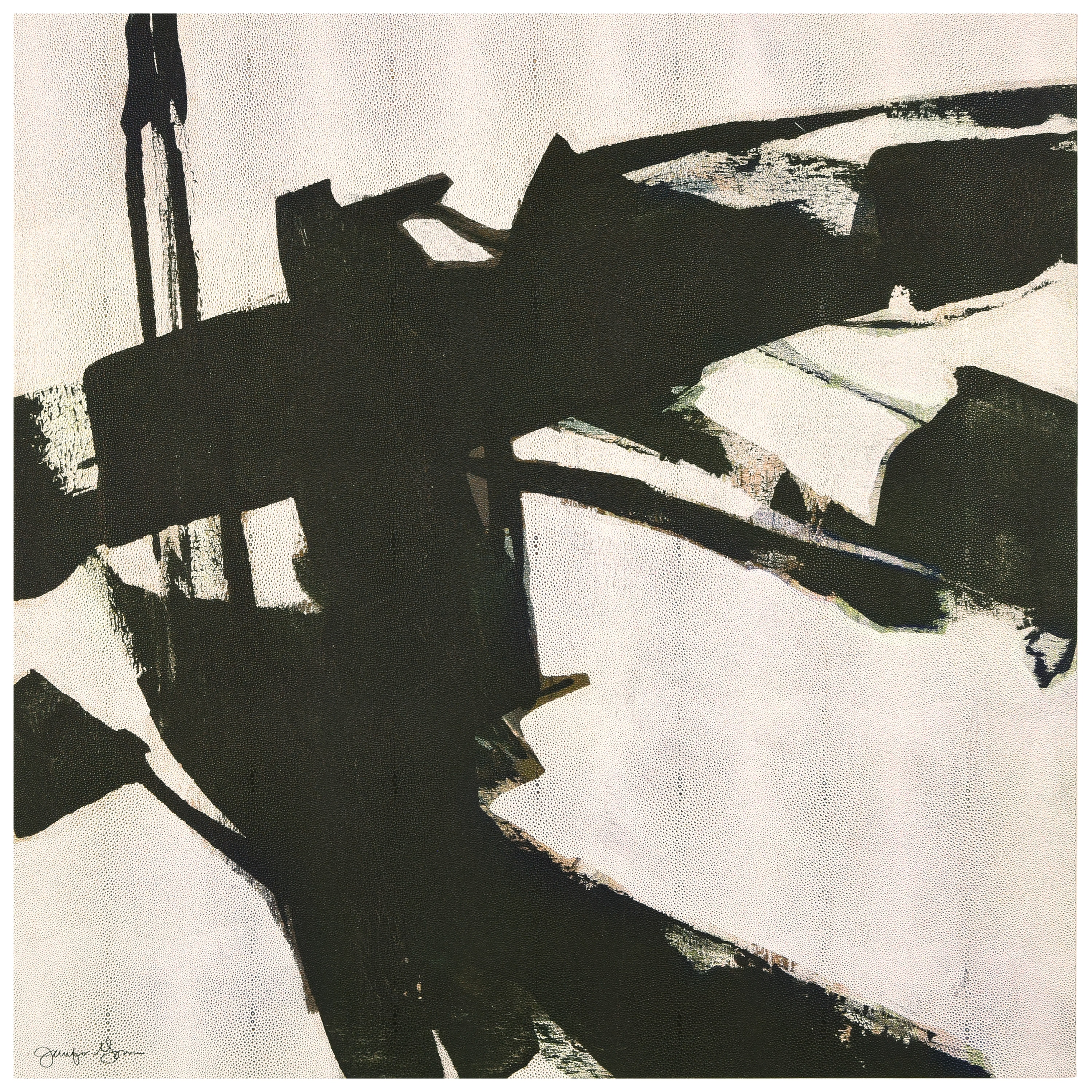 Bold Abstraction Black and White Art on Gold Shagreen Canvas