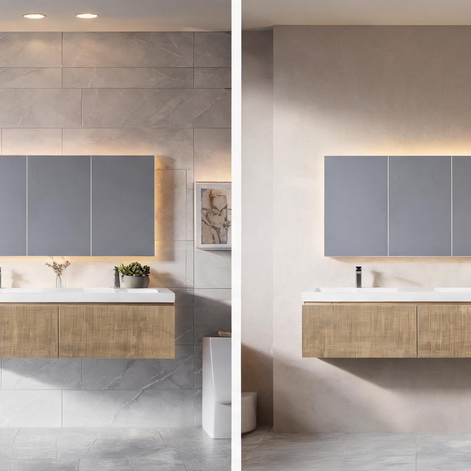 SunJet Wall-mounted double basin vanity in natural oak and white finish with soft-close drawers