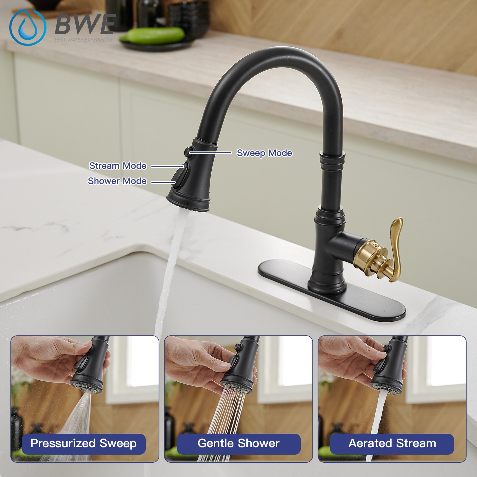 BWE A-94551 Kitchen Faucet Black Gold Single Handle Filtered Kitchen ...