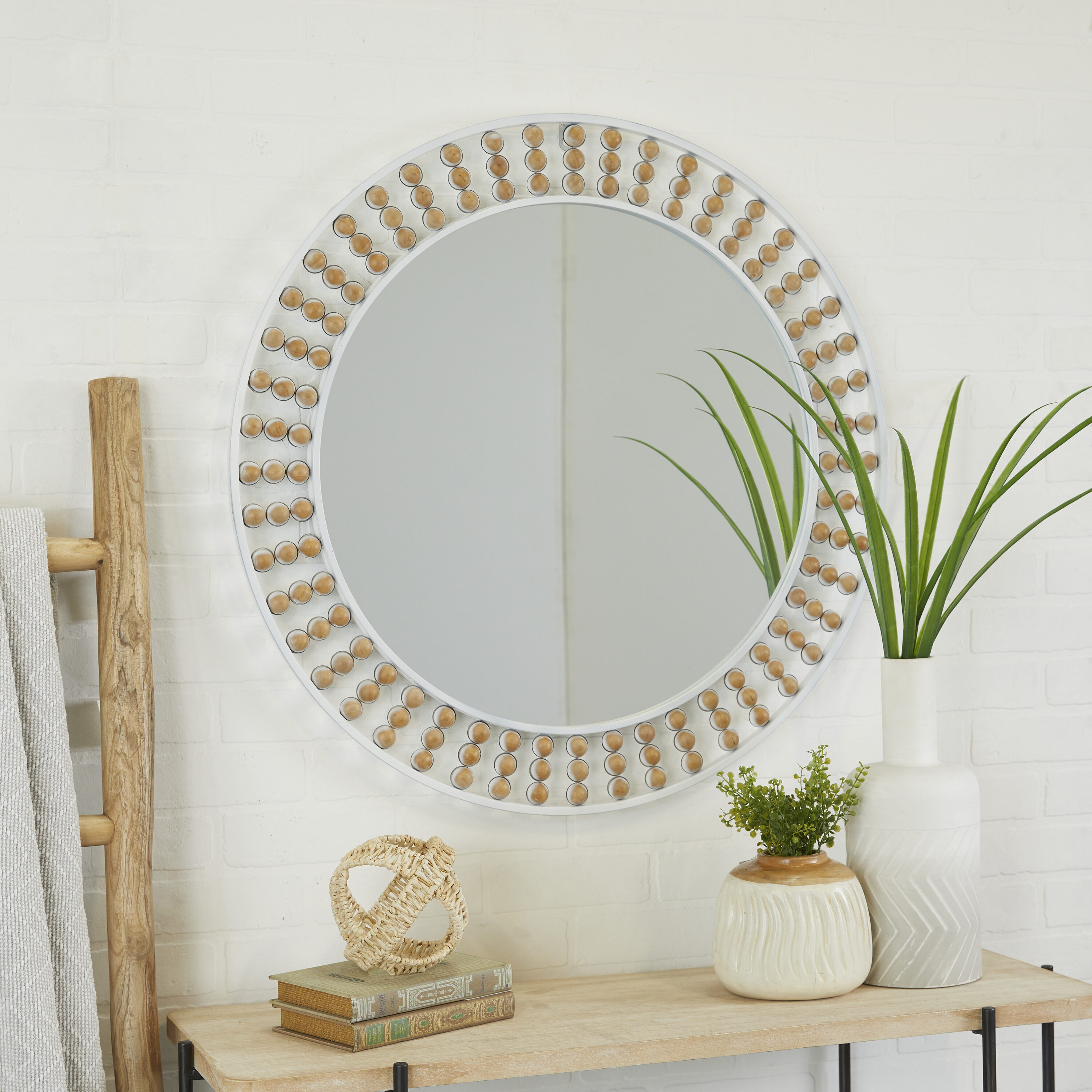 Grayson Lane 64912 31-Inches W x 31.0-Inches H Round White with Bead Detailing Framed Wall Mirror