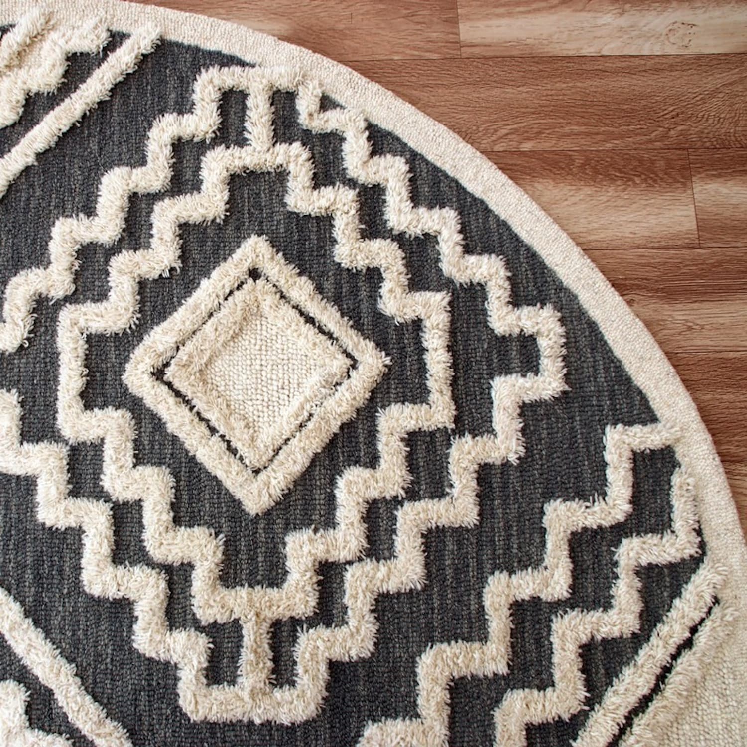 Gray and Cream Tufted Geometric Wool Round Area Rug, 6 ft.