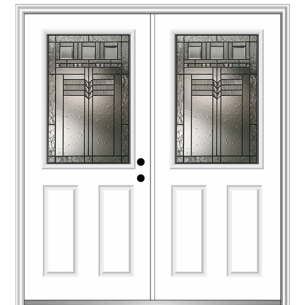 MMI DOOR 68-in x 80-in Low-e Grilles Between The Glass Primed Fiberglass  Center-hinged Right-Hand Inswing Double Patio Door Brickmould Included in  the Patio Doors department at