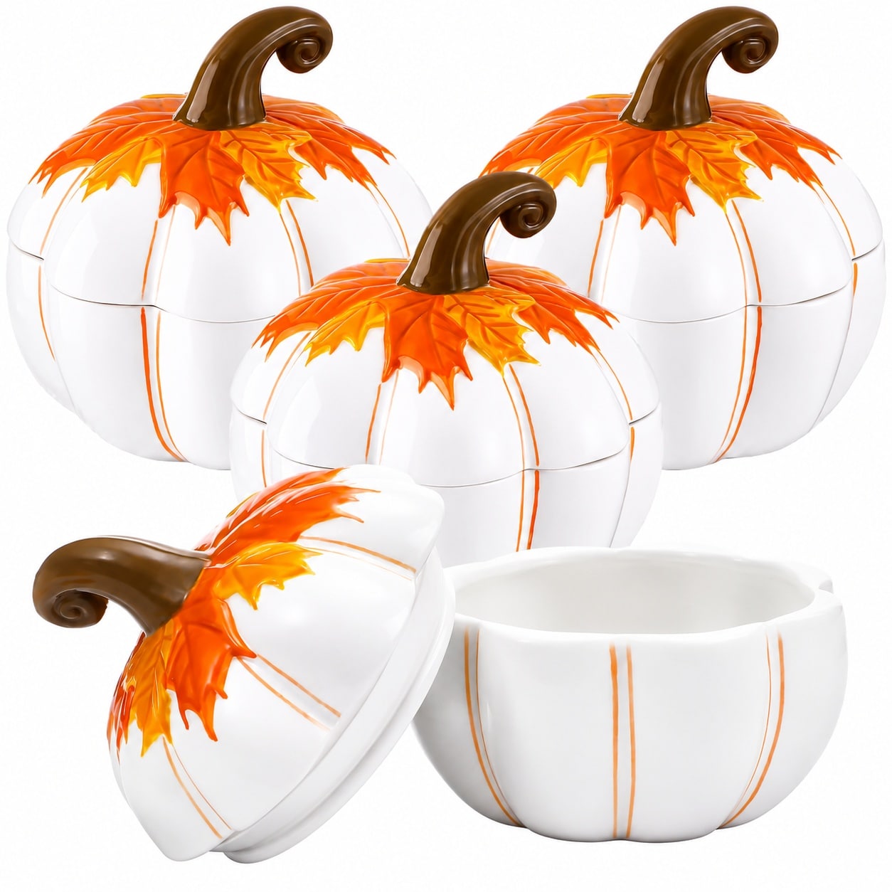 Aoibox  4 Piece 20 oz Pumpkin Shaped Ceramic Soup Bowls with Lids Fall Halloween Thanksgiving Candy Food Storage