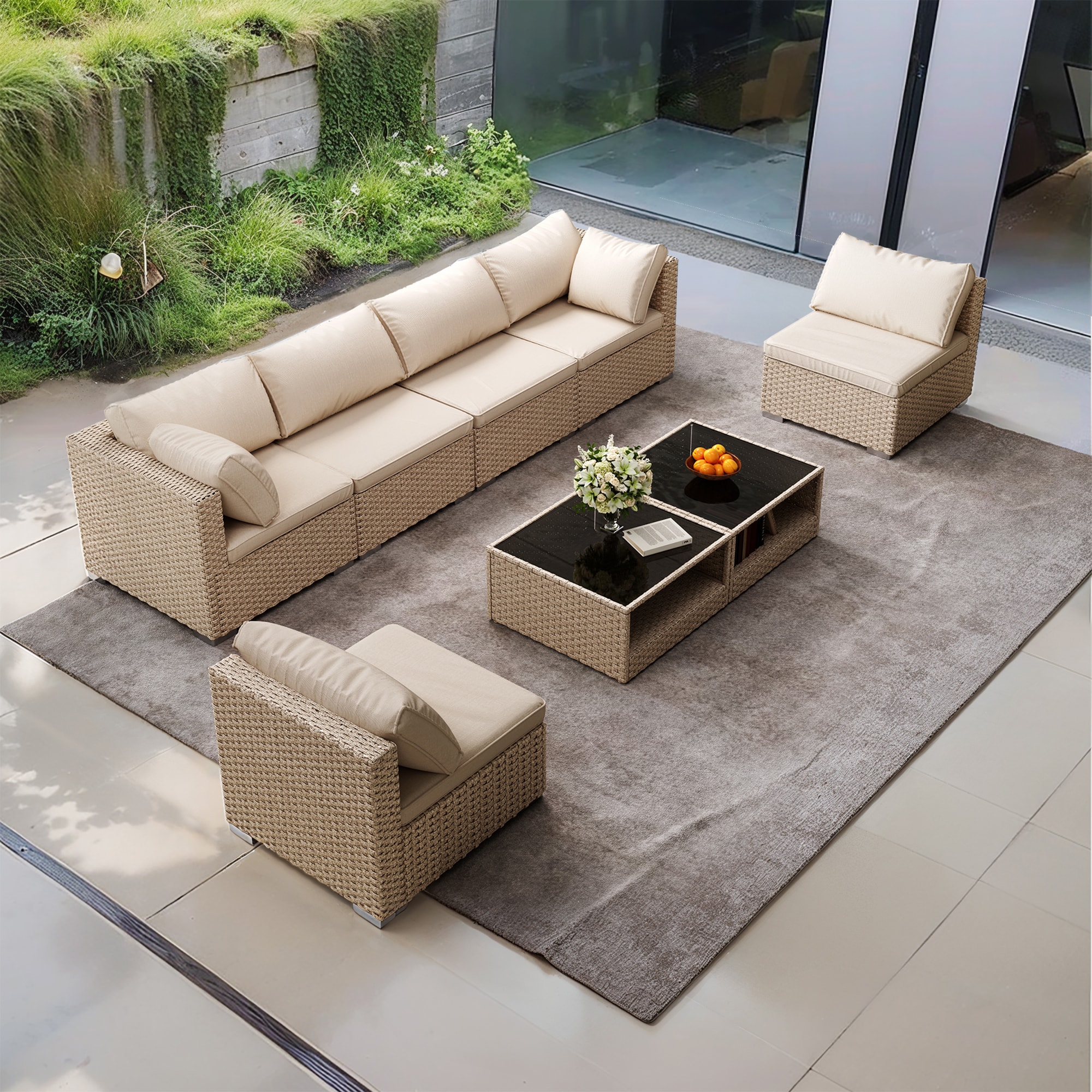 SINOFURN SYA020209BG Wicker Outdoor Sectional with Beige Cushions and Wicker Frame